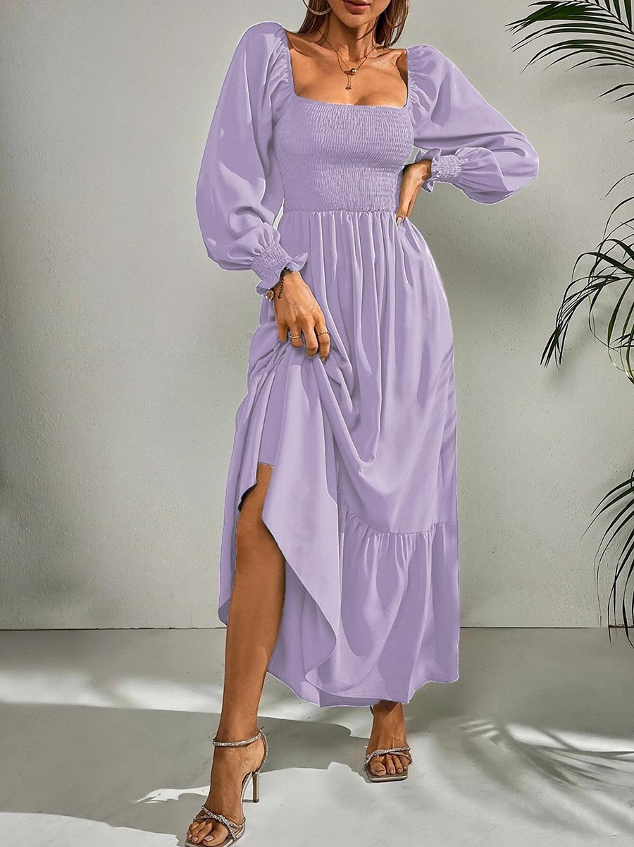 Square Neck Long Sleeve Ruffle High Waist Dress (5 colors)