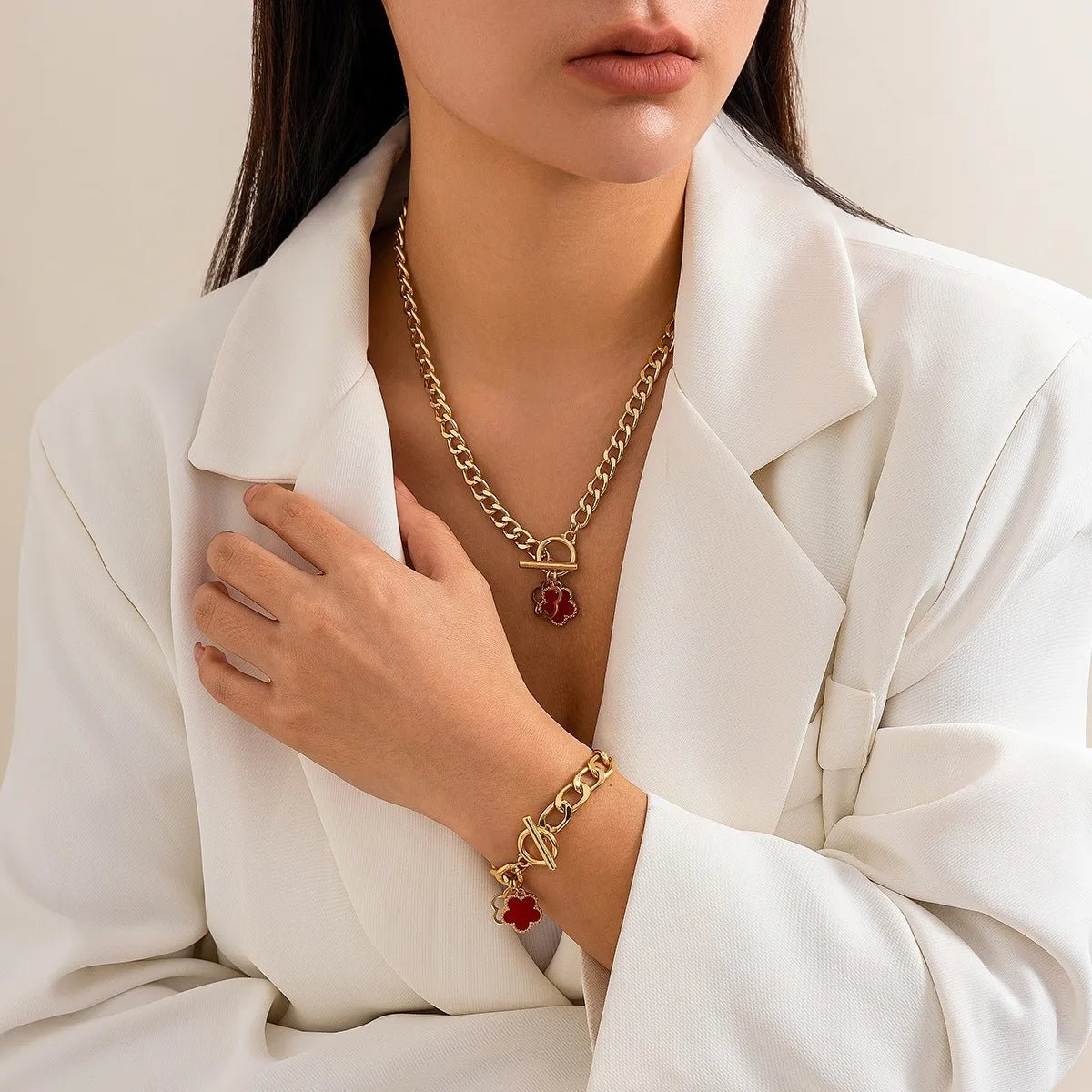 Lucky Floral Clover Bracelet and Necklace Set