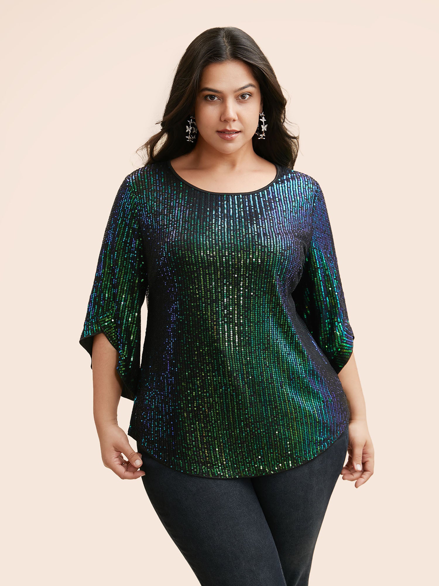 Round Neck Sequin Bell Sleeve Blouse