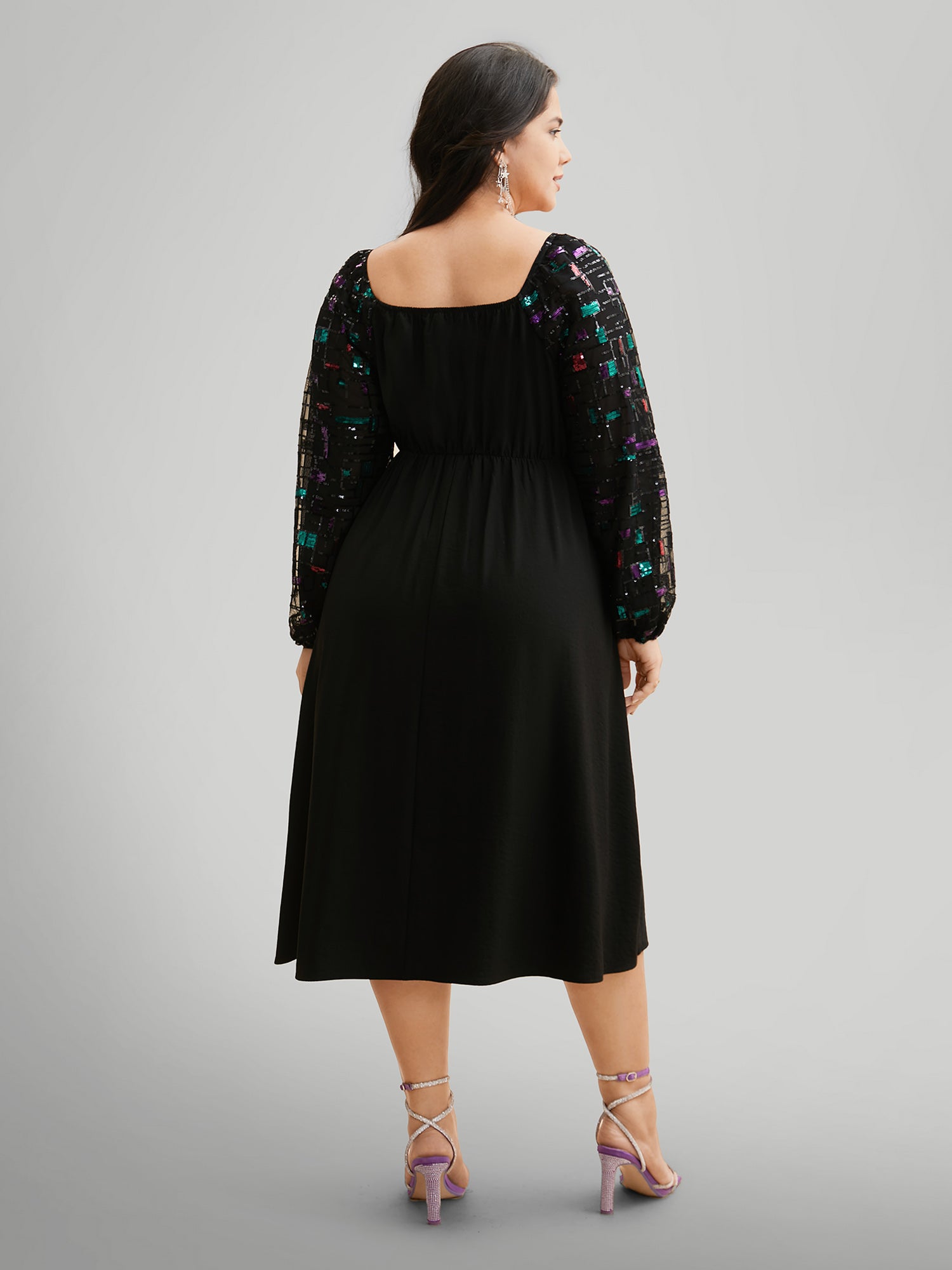 Heart Neckline Sequin Mesh Patchwork Dress