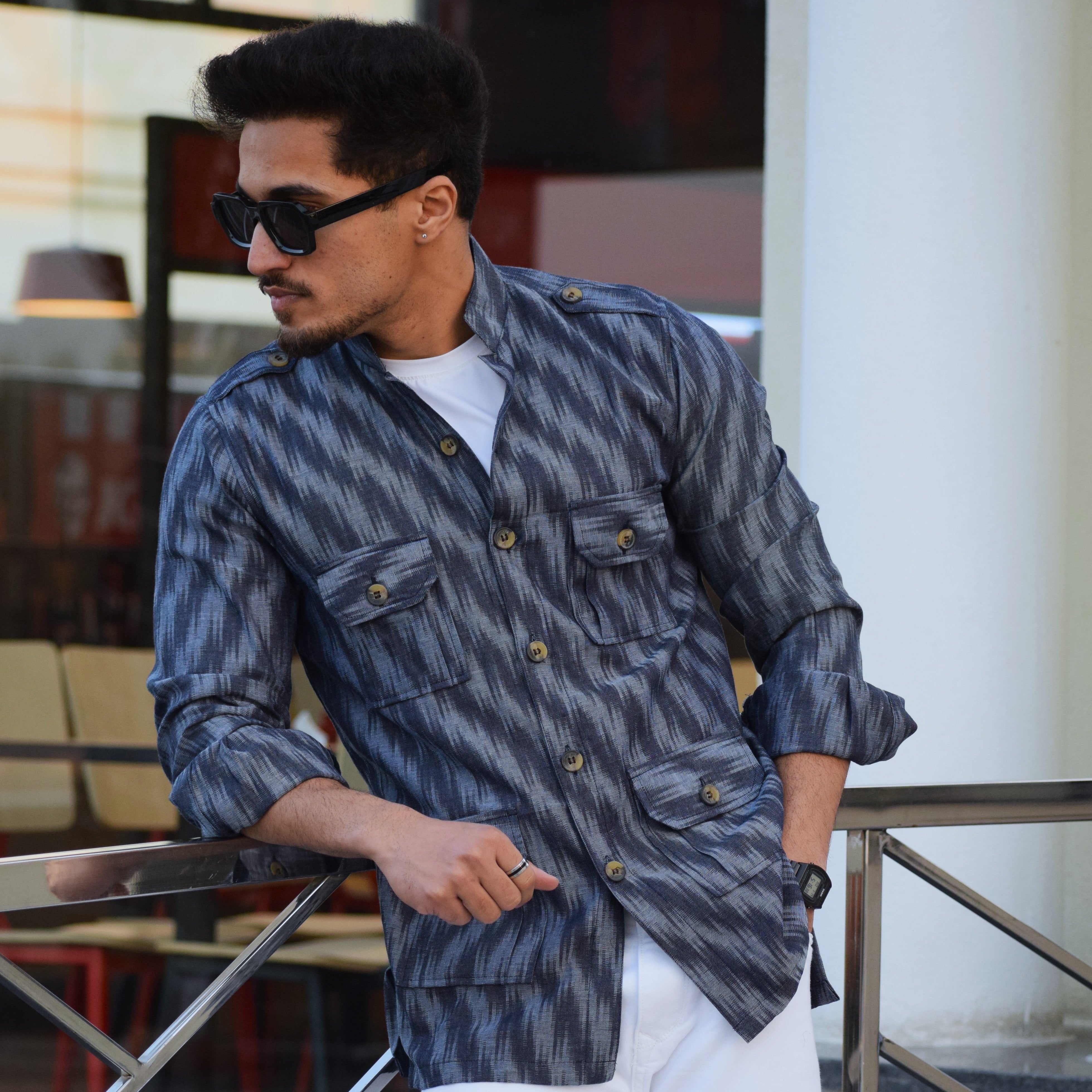 Abstract Print Blue-Grey Vintage Hunting Style Shirt