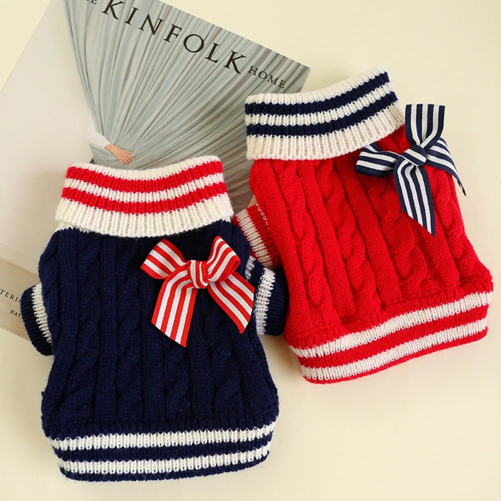 Striped Bowknot Knited Cat Dog Sweater