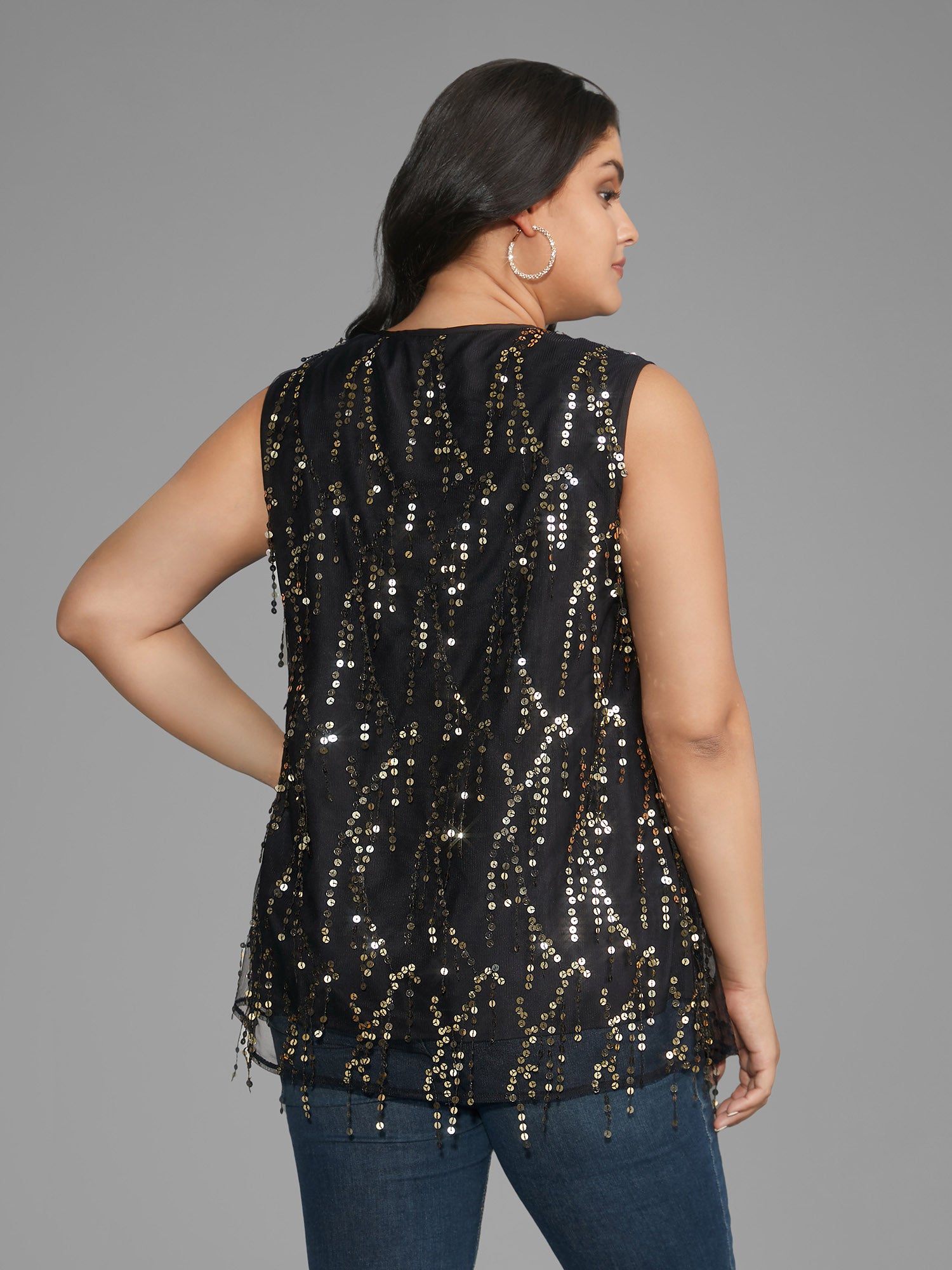 Sequin Mesh Tassel Trim Tank Top
