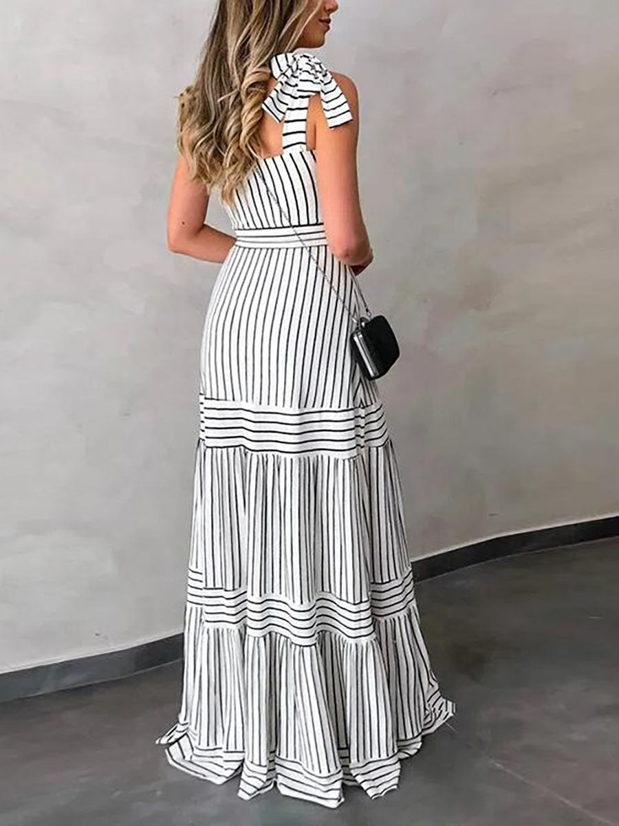 Stripe Bow Tie Belted Maxi Dress
