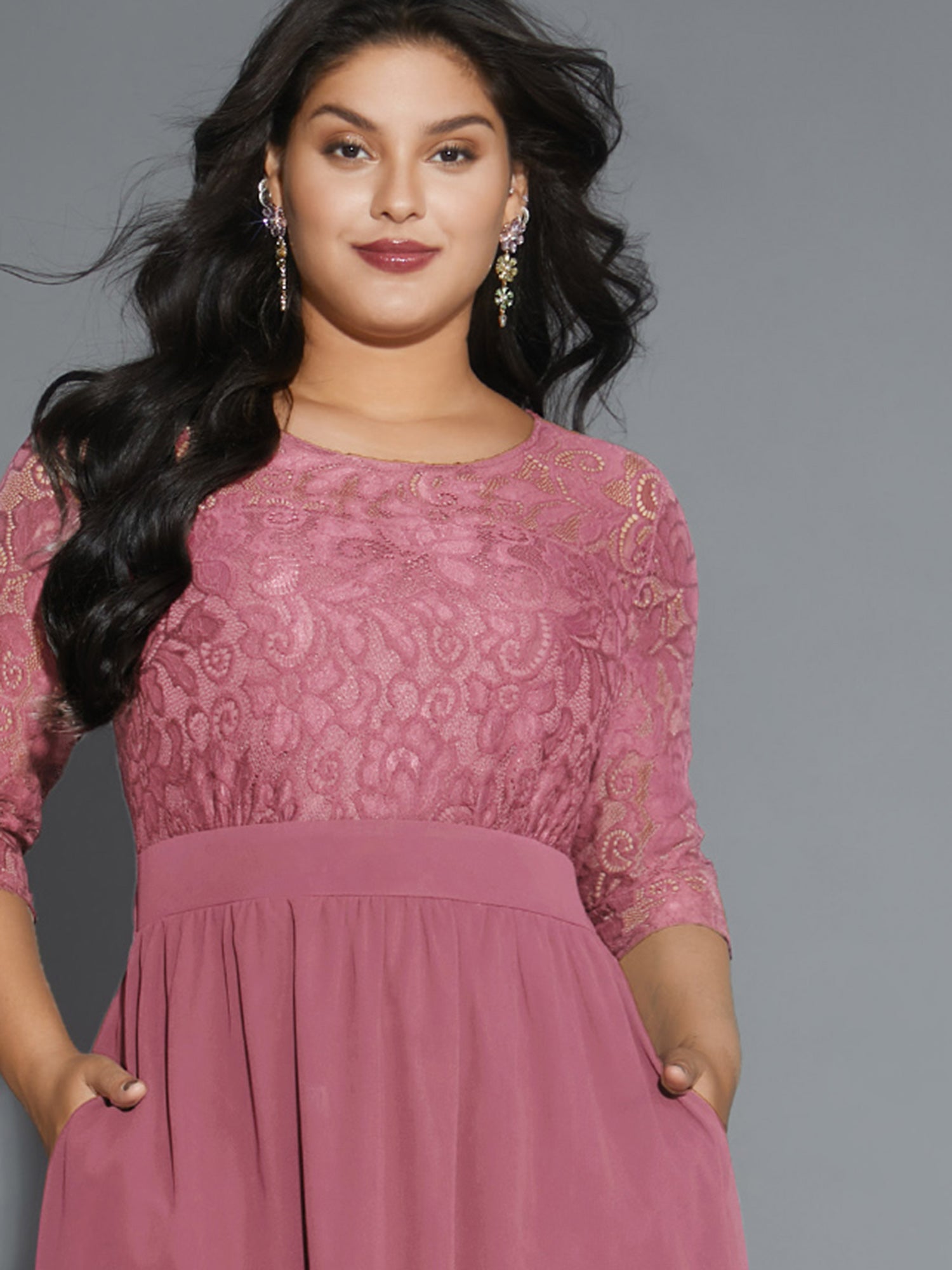 Lace Patchwork Shirred Midi Pocket Dress