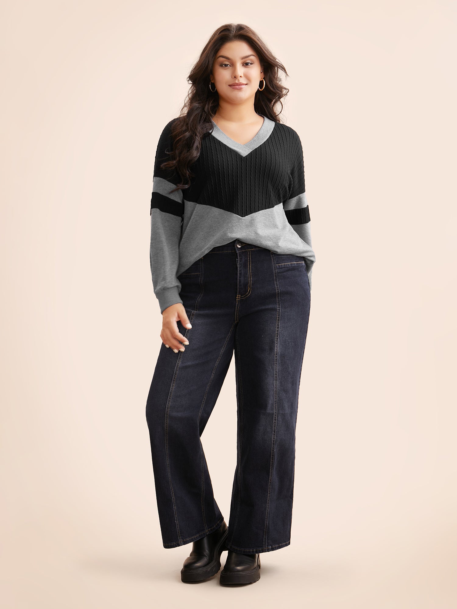 Texture Patchwork Contrast V Neck Sweatshirt