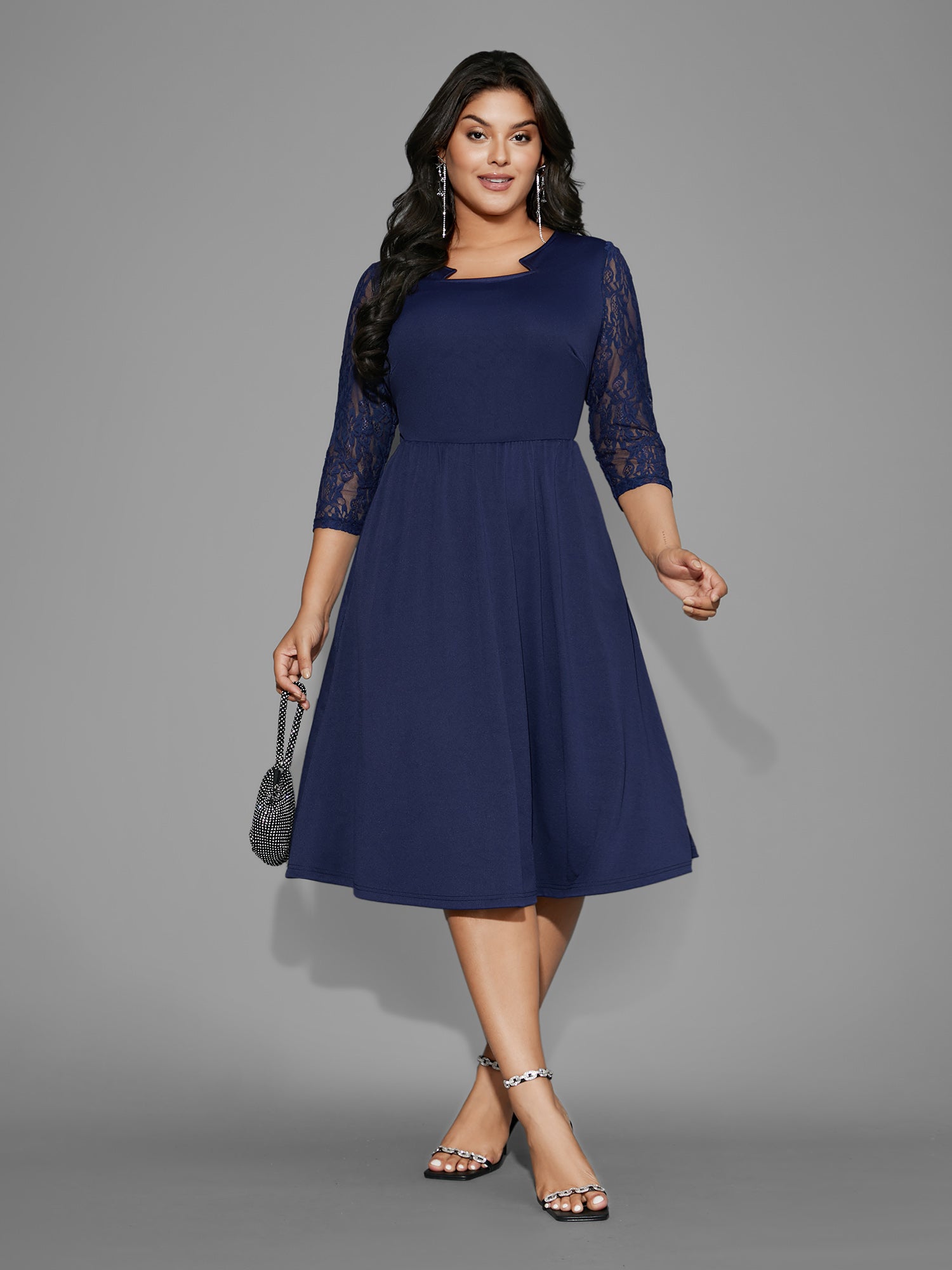 Asymmetrical Neck Lace Patchwork Mesh Dress