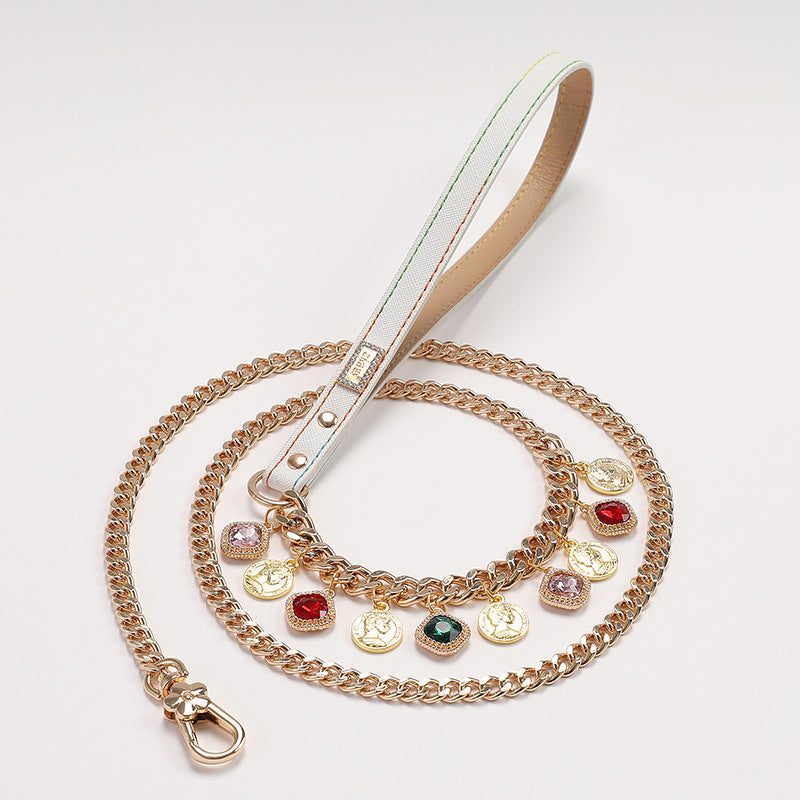 Multicolor Rhinestone Dog Cat Collar&Leash