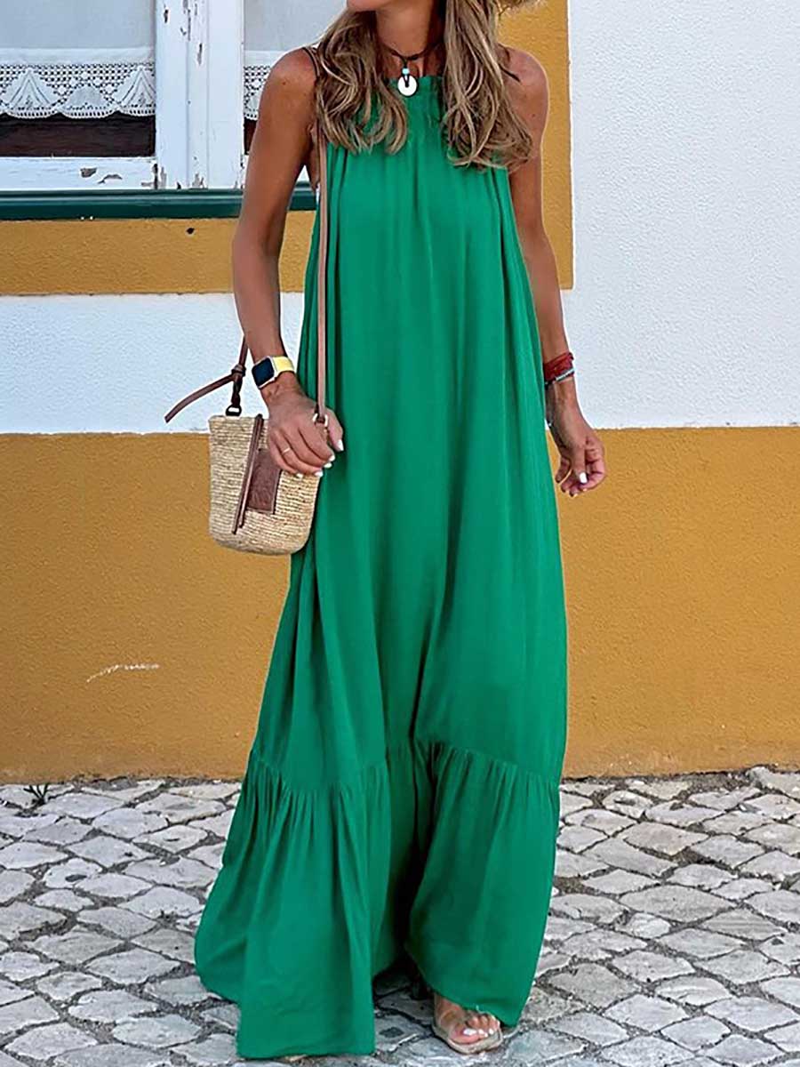 Fashion Temperament Solid Color Sleeveless Neck Long Dresses