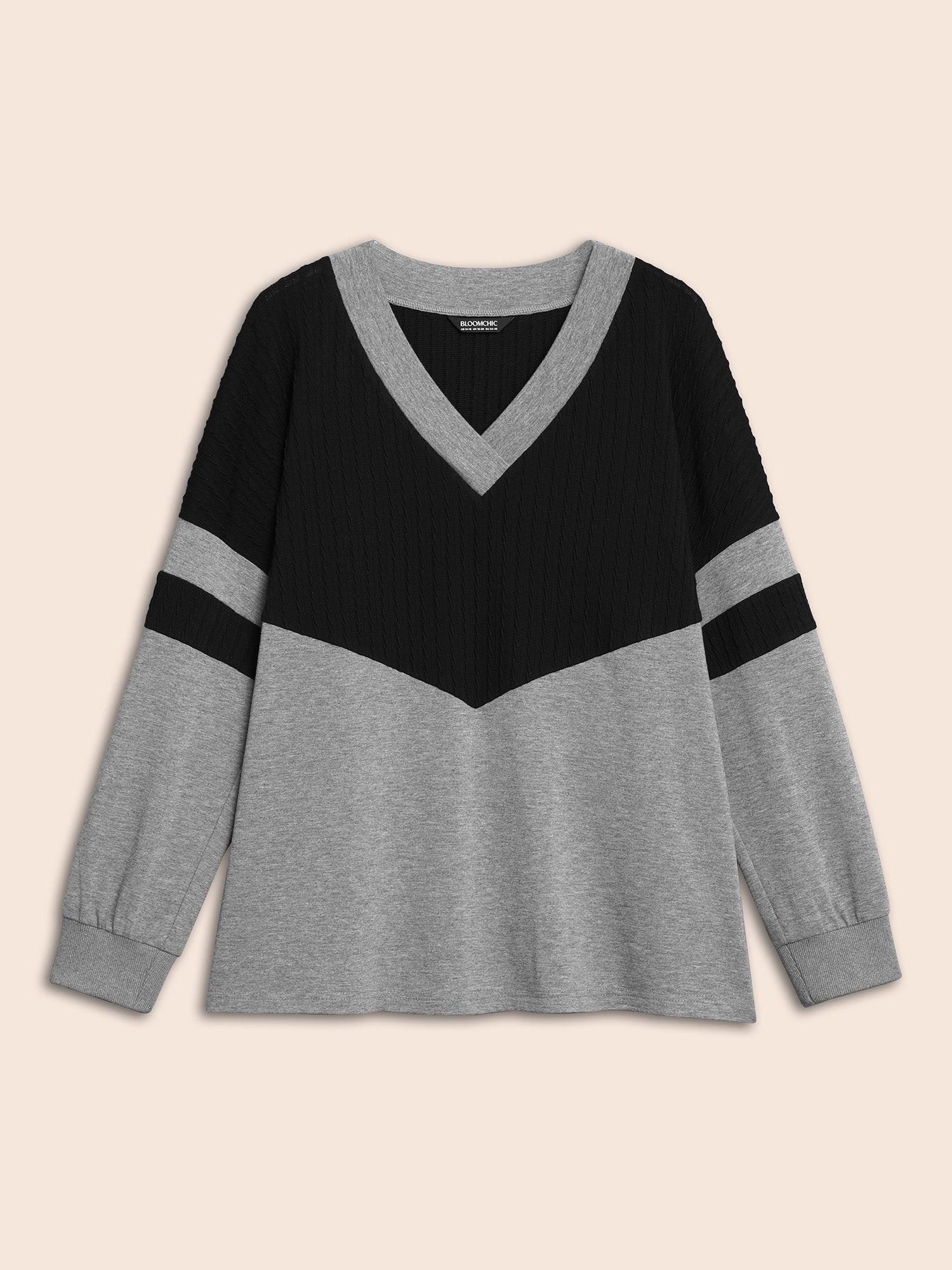 Texture Patchwork Contrast V Neck Sweatshirt