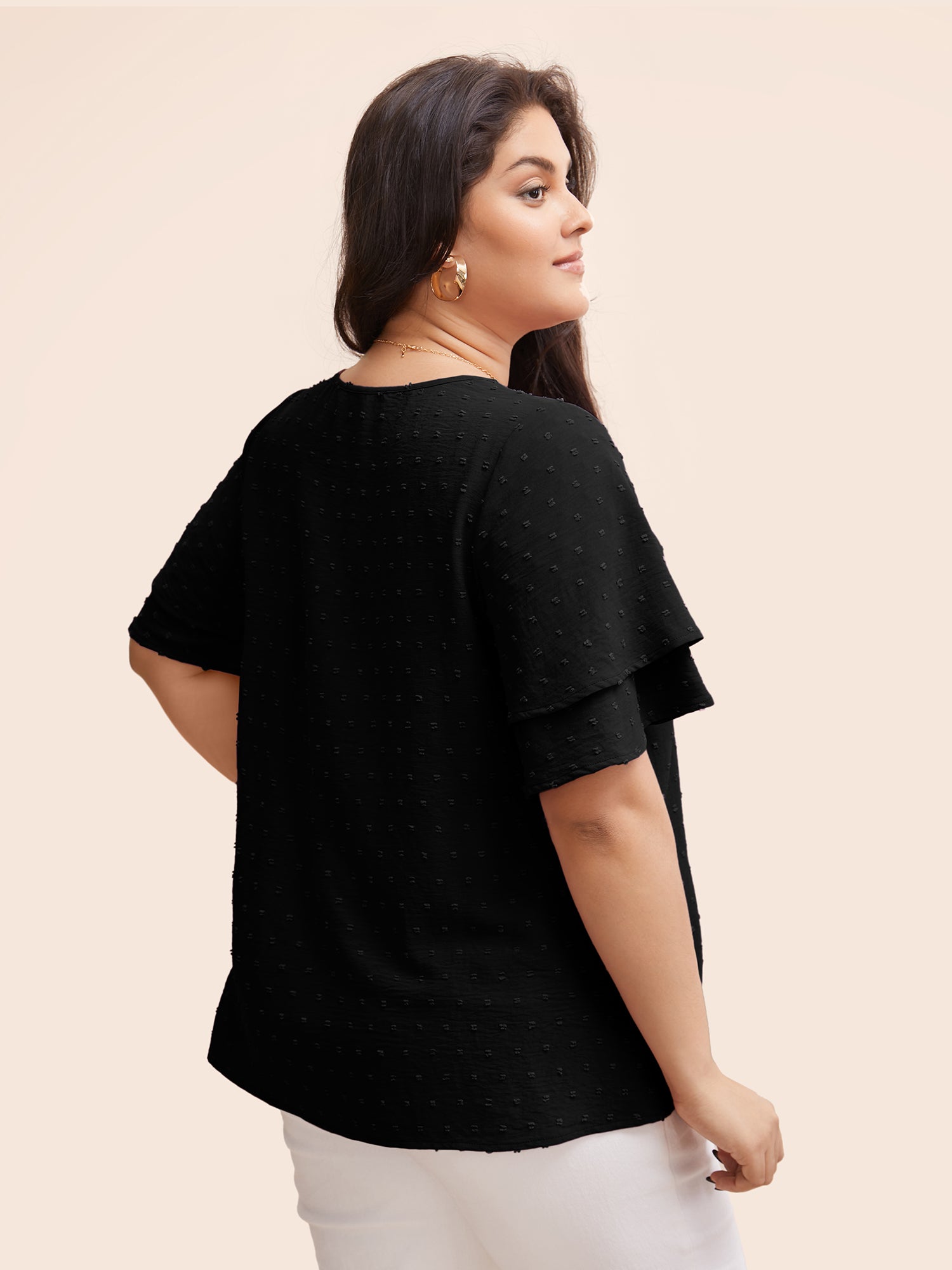 Plain Ruffle Tiered Sleeve V Neck Polka Dot Blouse