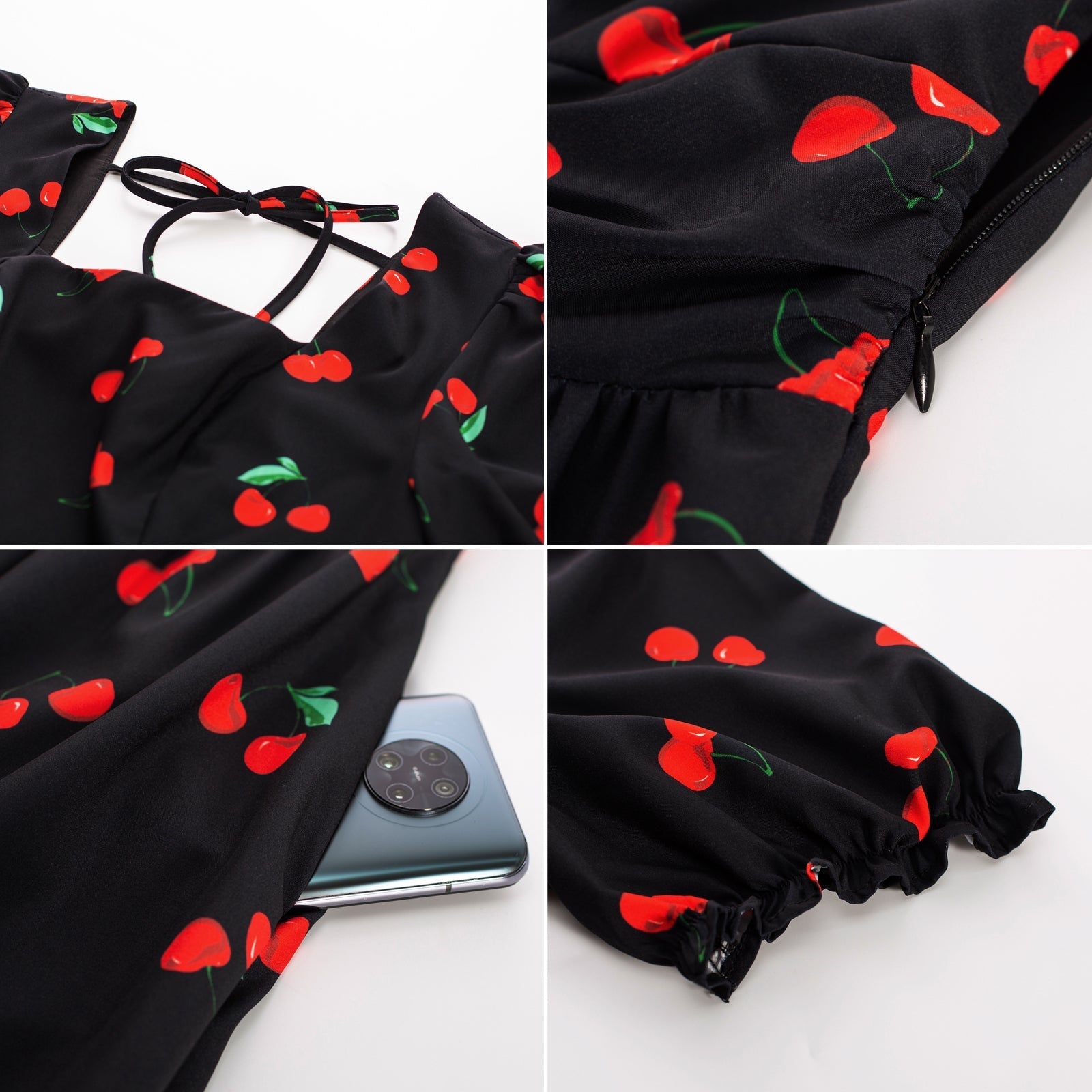 Vintage Floral Patterns Cottagecore Cocktail Dresses Square Neck Puff Sleeve Dress with Pockets