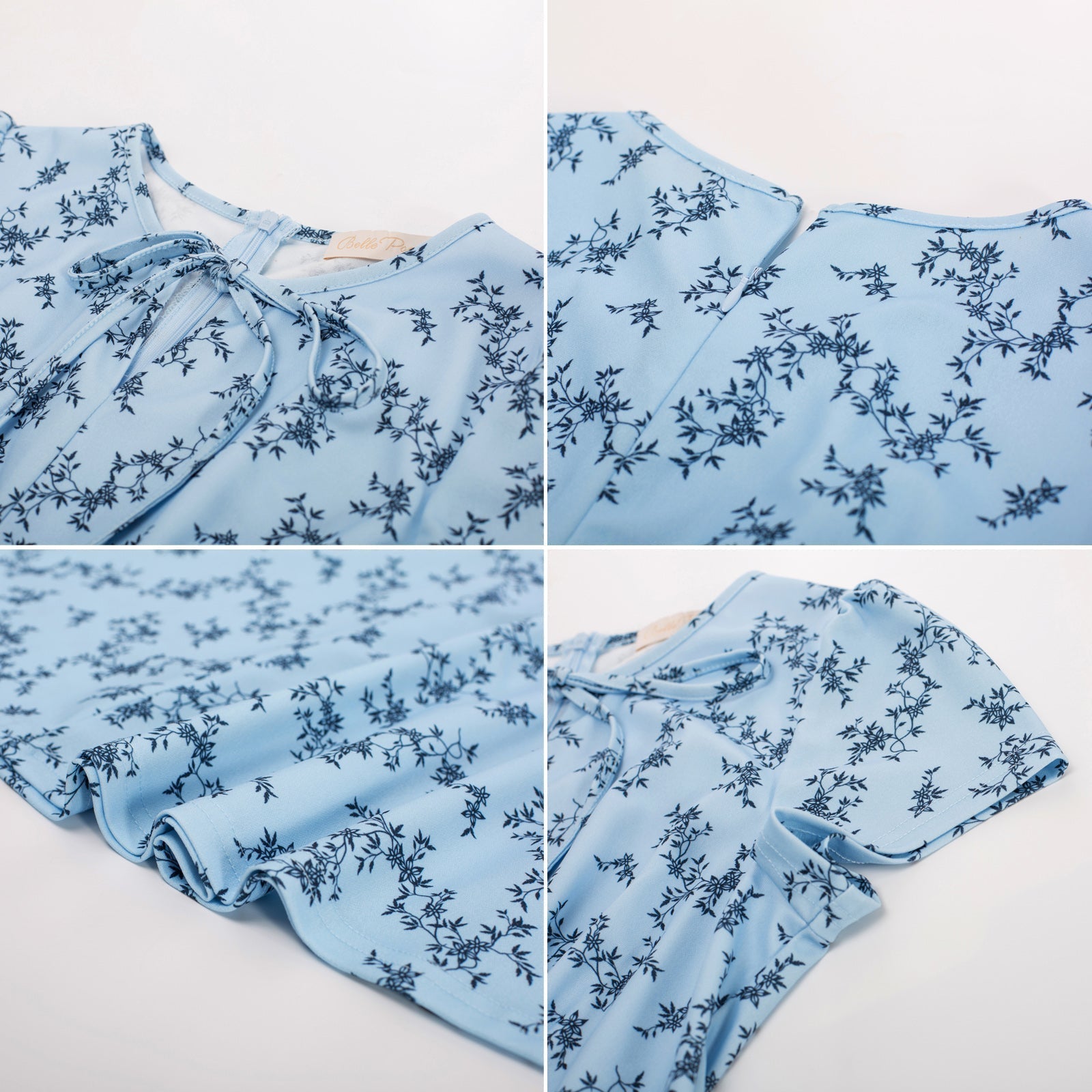 Vintage Daisy Pattern A-Line Swing Dress Keyhole Tie Dress Round Neck Work Dress Tea Dress