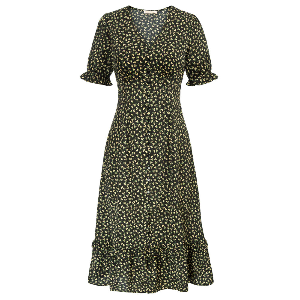 Vintage Floral Dress Short Sleeve V-Neck Front Slit A-Line Dress