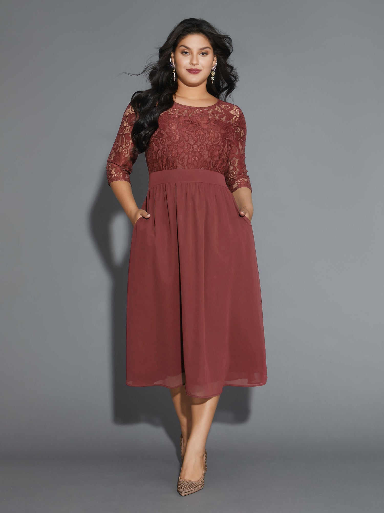 Lace Patchwork Shirred Midi Pocket Dress