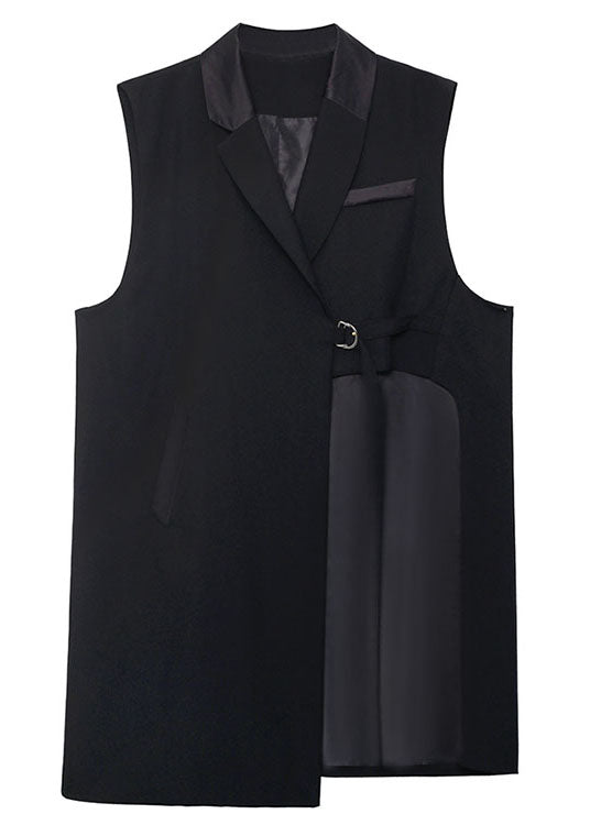 DIY Black PeterPan Collar Pockets asymmetrical design Fall Sleeveless Waistcoat