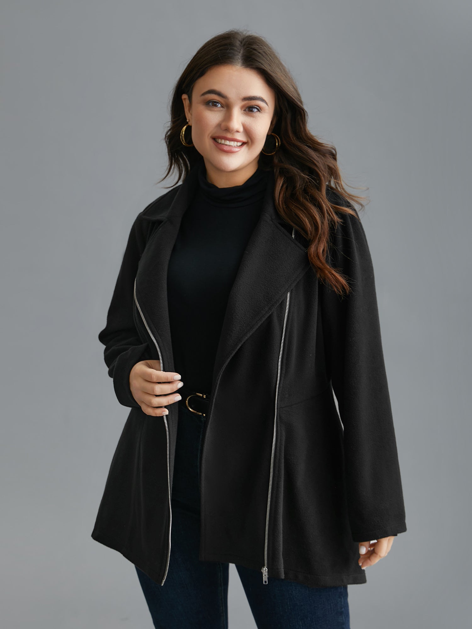 Curved Hem Zipper Placket Pockets Coat
