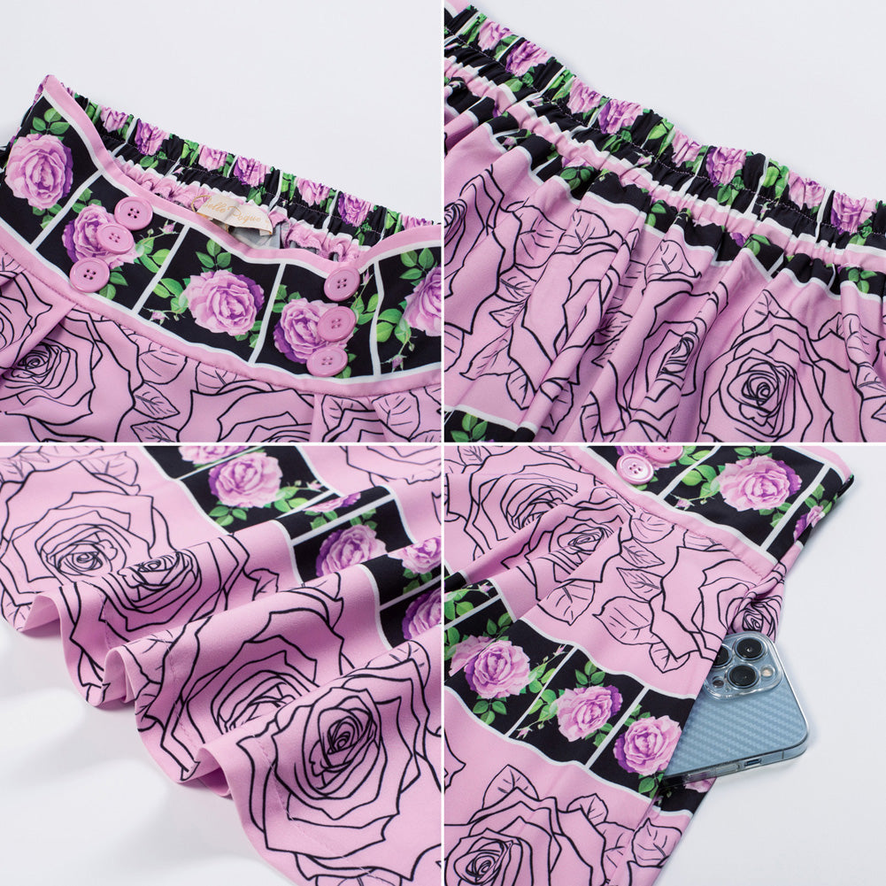 Strawberry Patterns Pleated Buttons Decorated Elastic Waist High Waist Swing A-Line Skirt with Pockets