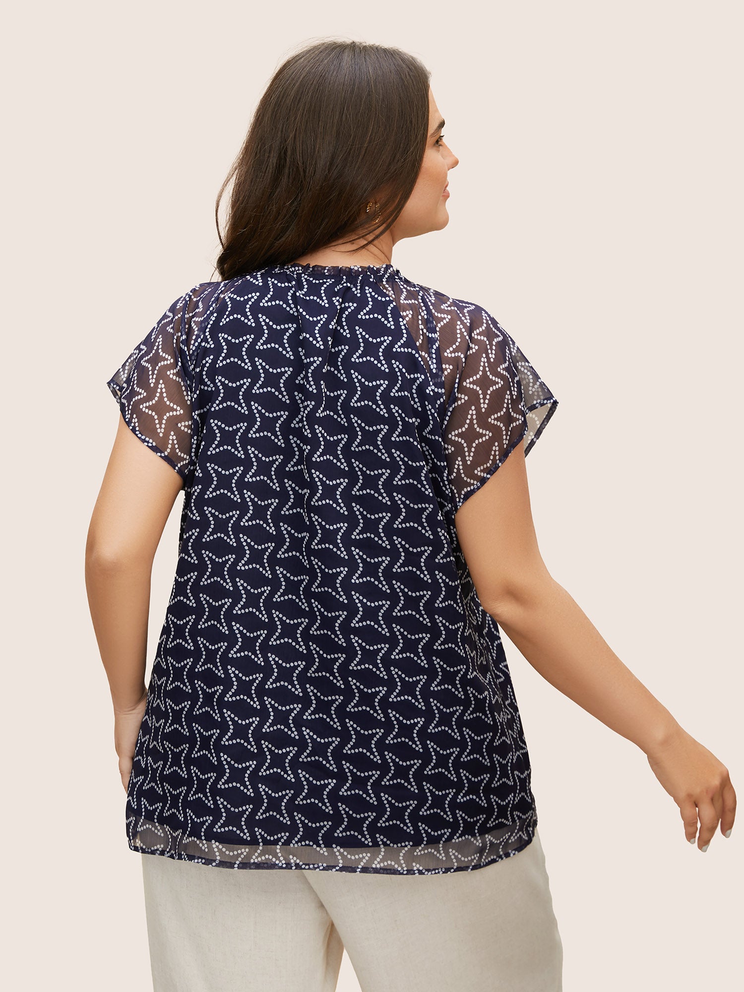 Polka Dot Mock Neck Mesh Patchwork Blouse