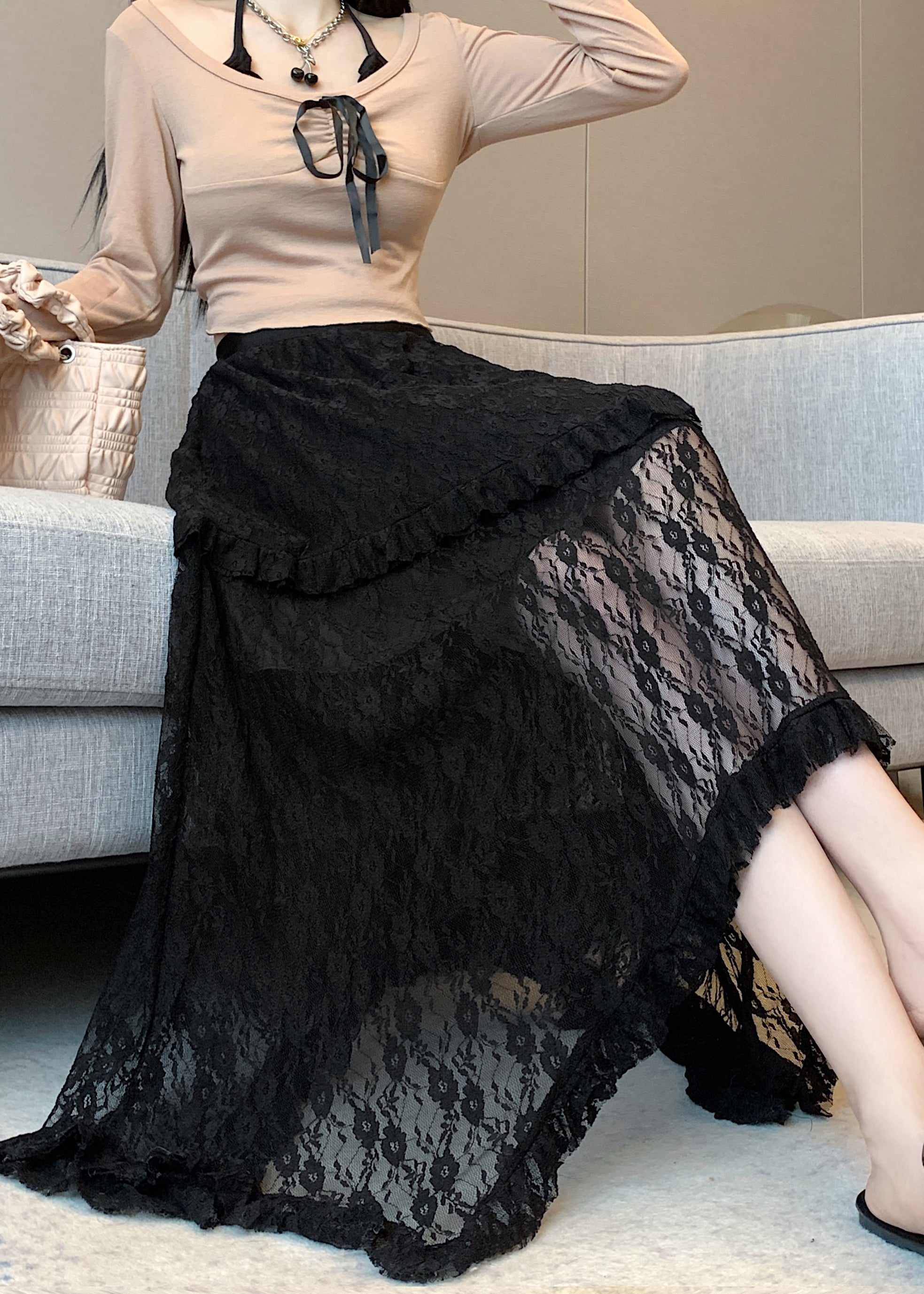 Black Asymmetrical Patchwork Lace Skirts Summer