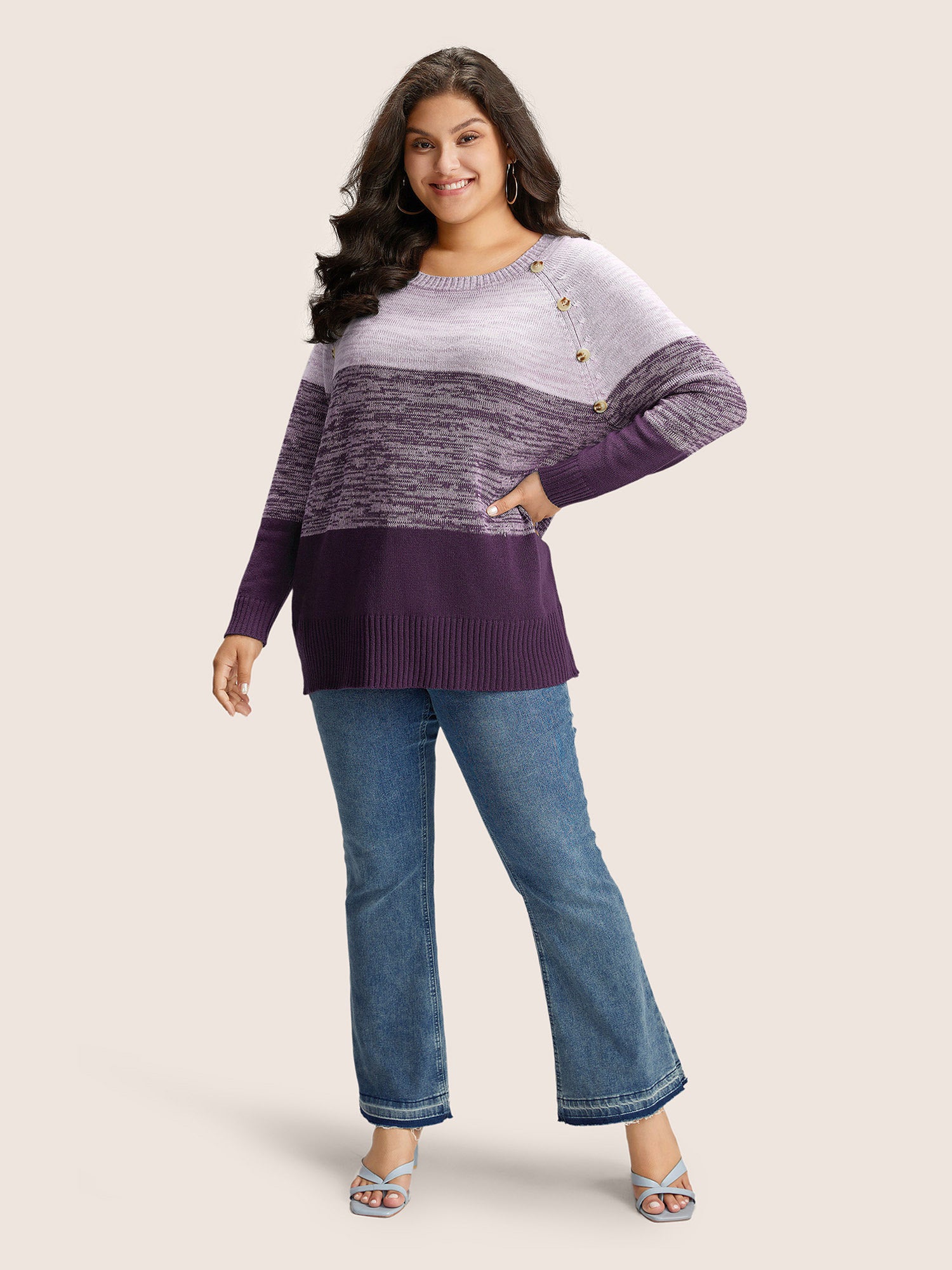 Colorblock Contrast Heather Button Detail Pullover