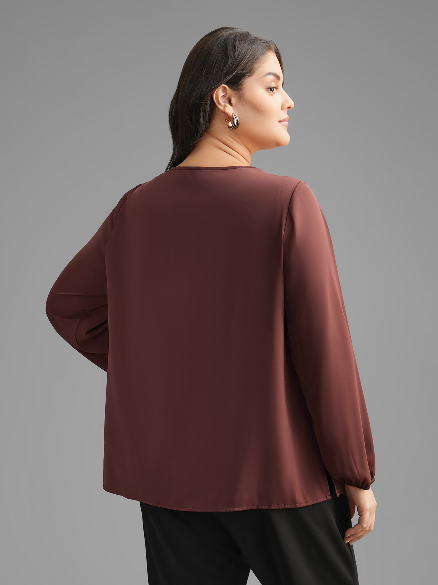 Solid Crew Neck Lantern Sleeve Blouse