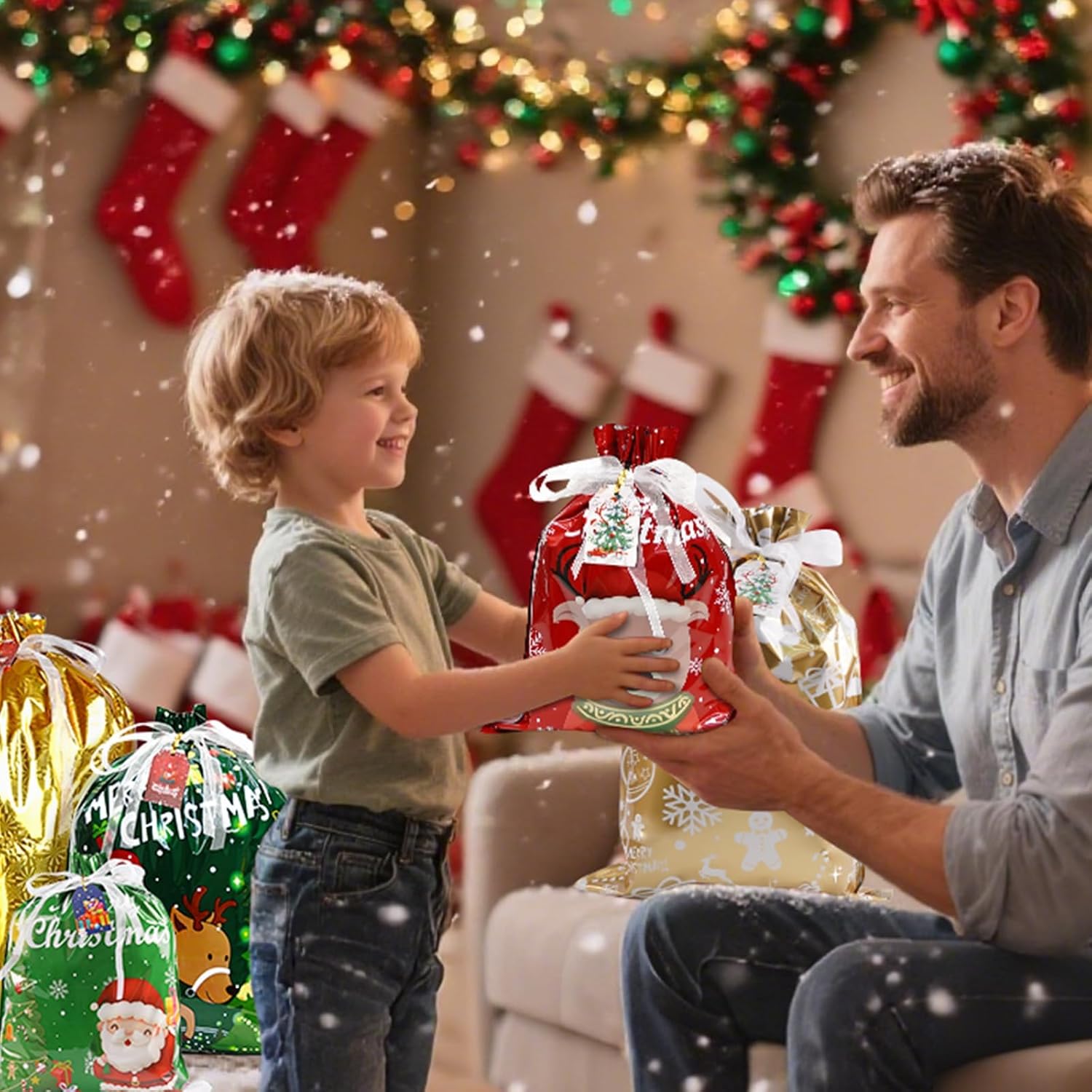 32pcs Gift Christmas Bags, 5 Assorted Sizes Holiday Xmas Gift Bags with Tags, Christmas Drawstring Bags for Gifts Wrapping Party Presents Decorations - Large Medium Small