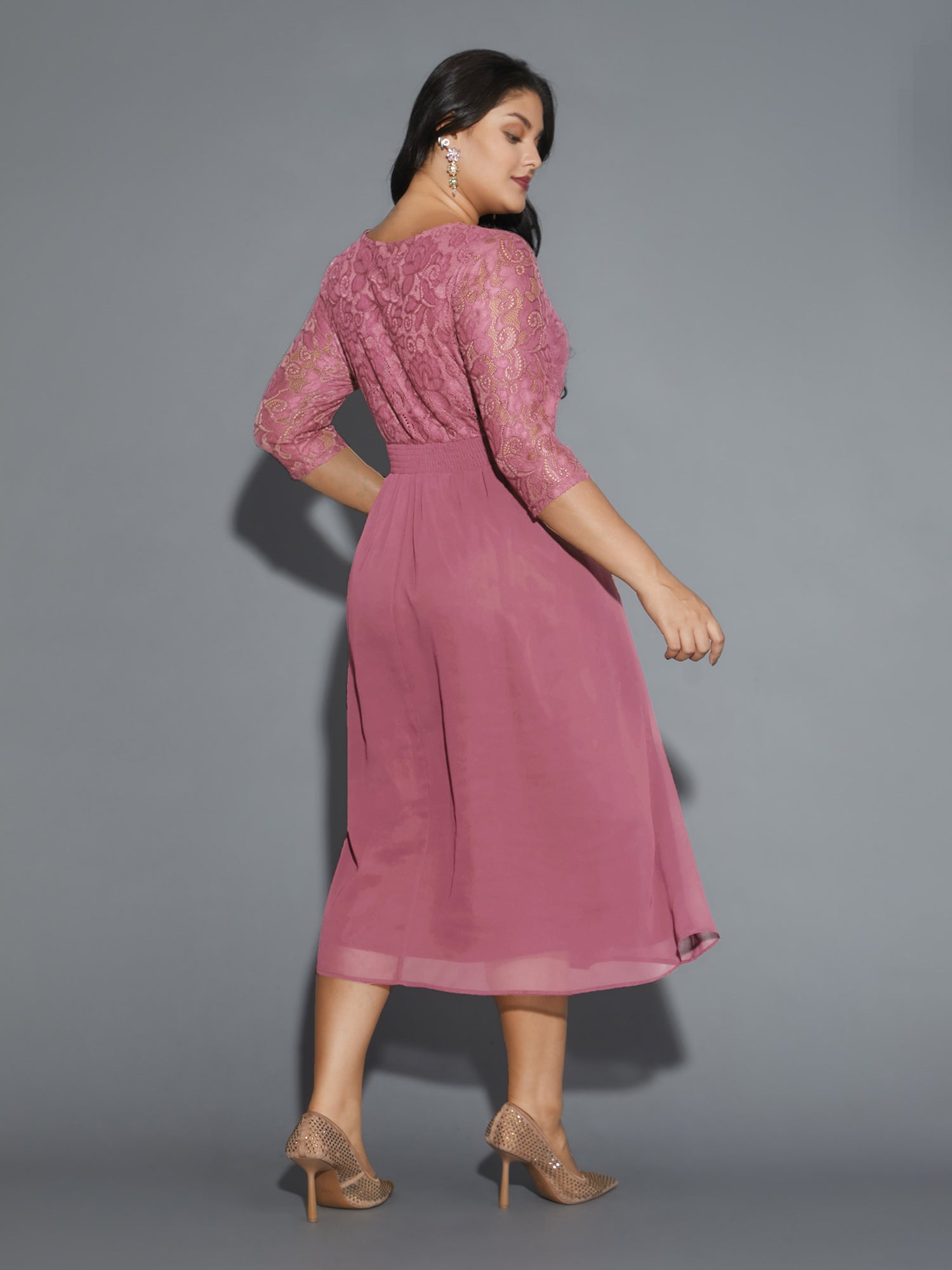 Lace Patchwork Shirred Midi Pocket Dress