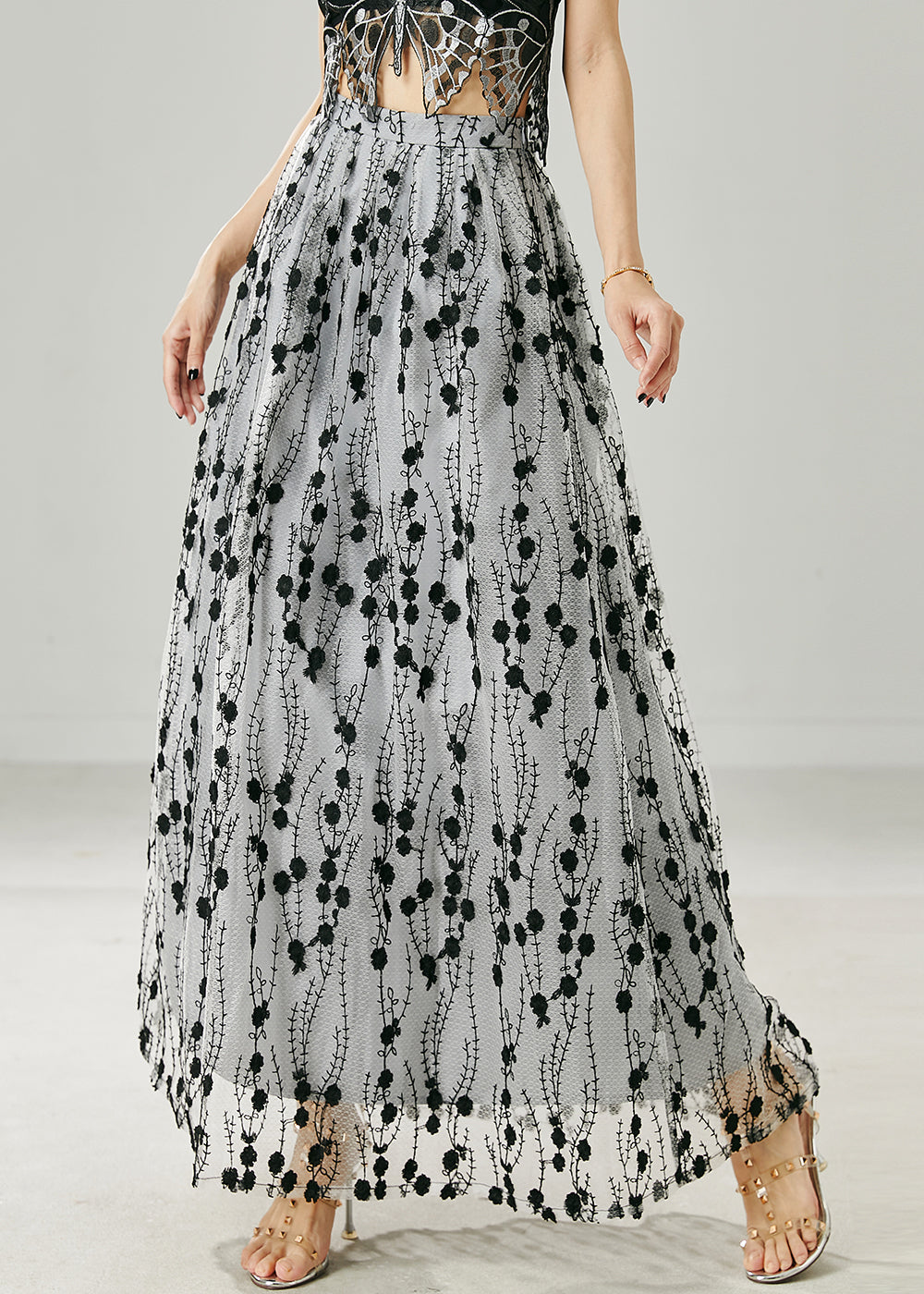 Bohemian Grey Embroidered Silm Fit Tulle Skirt Summer