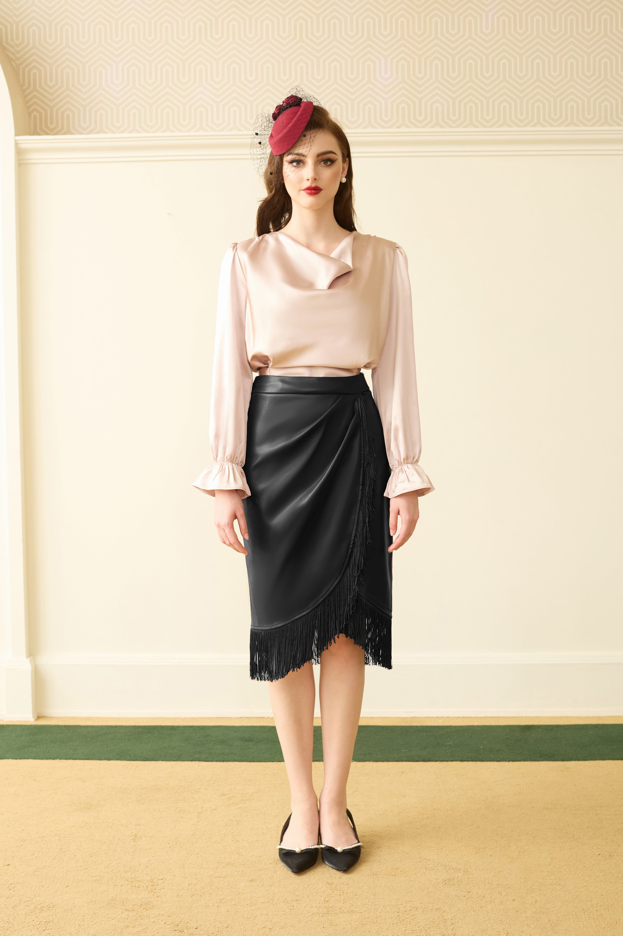 Fringe Bodycon Leather Skirt with Slit Knee Length Pencil Skirt