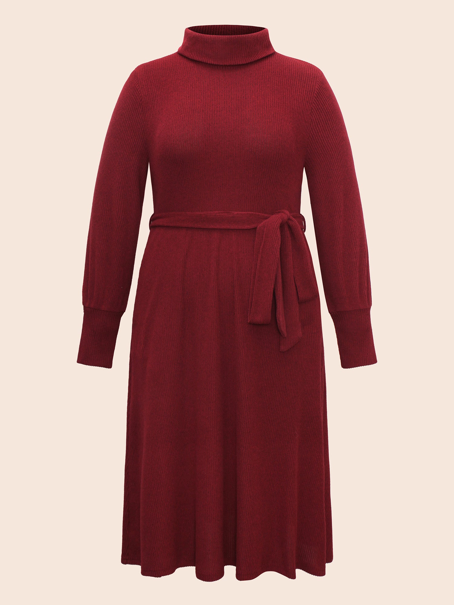 Turtleneck Belted High Stretch Knit Dress