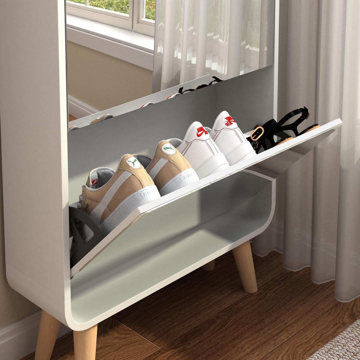 Entrance Shoe Locker, 5 Tier Full Length Mirror Shoe Organizer Wooden Narrow Shoe Cabinet, White Shoe Rack for Front Door Entrance Outdoor