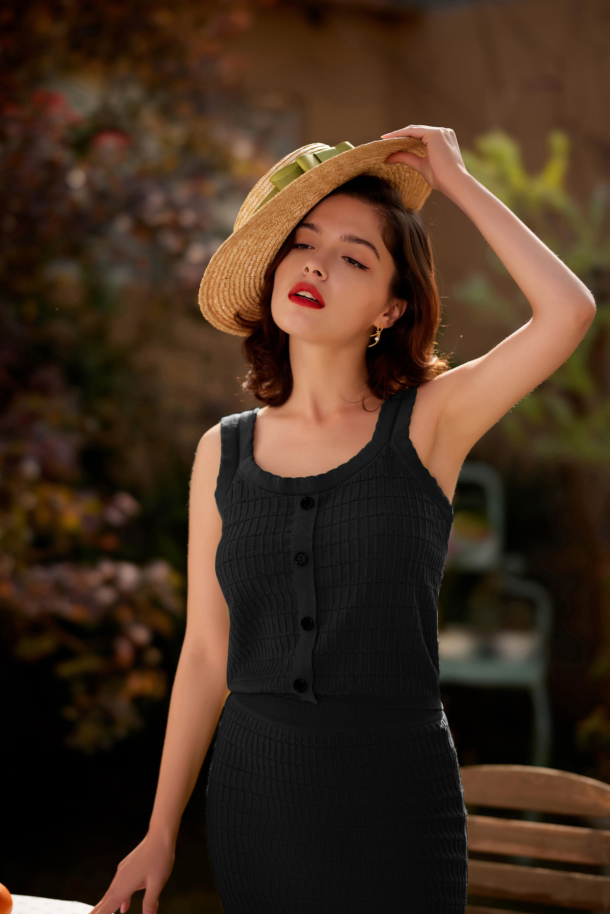 Vintage Jacquard Textured Outfits U-Neck Tops+Above Knee Skirt Knitwear