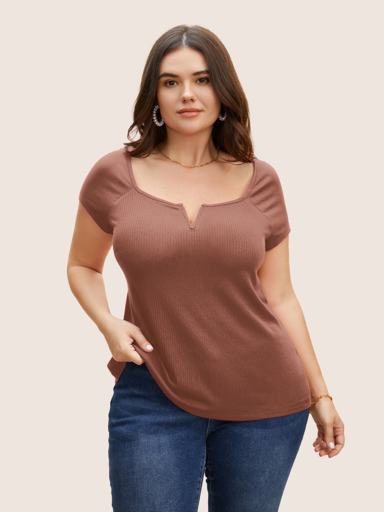 Solid Notched Collar Pit Strip T-shirt