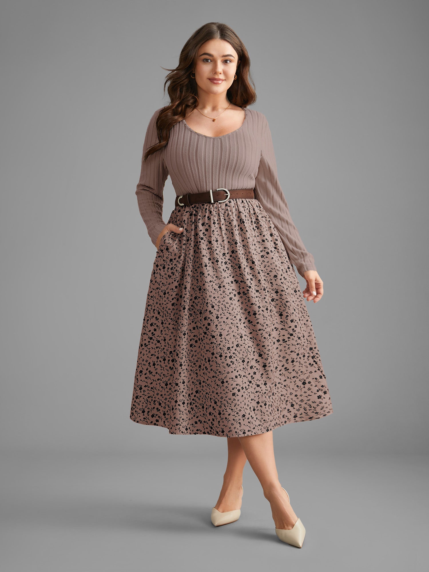 Ditsy Floral Patchwork Texture Midi Dress