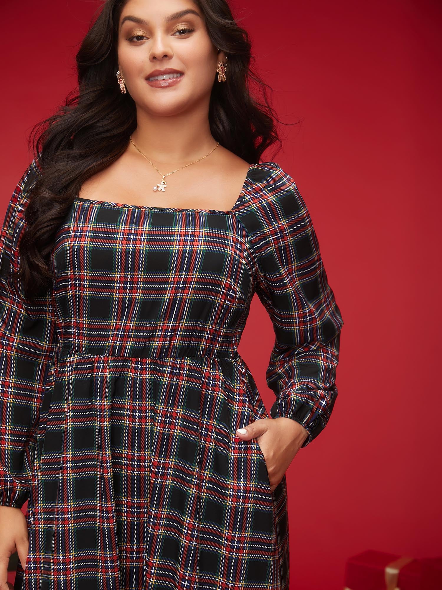 Plaid Square Neckline Puffy Sleeve Midi Dress