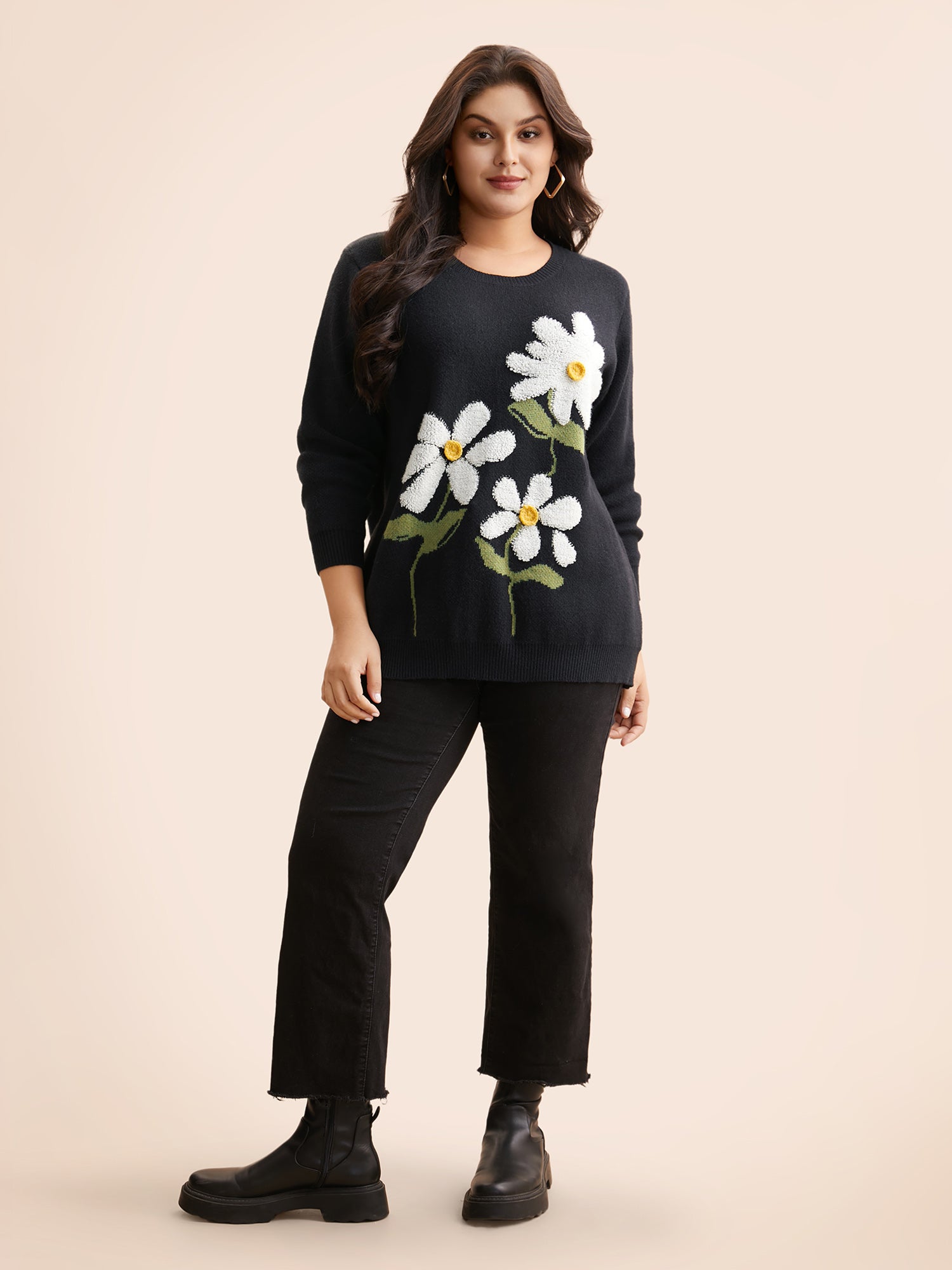 Round Neck Floral Contrast Texture Pullover