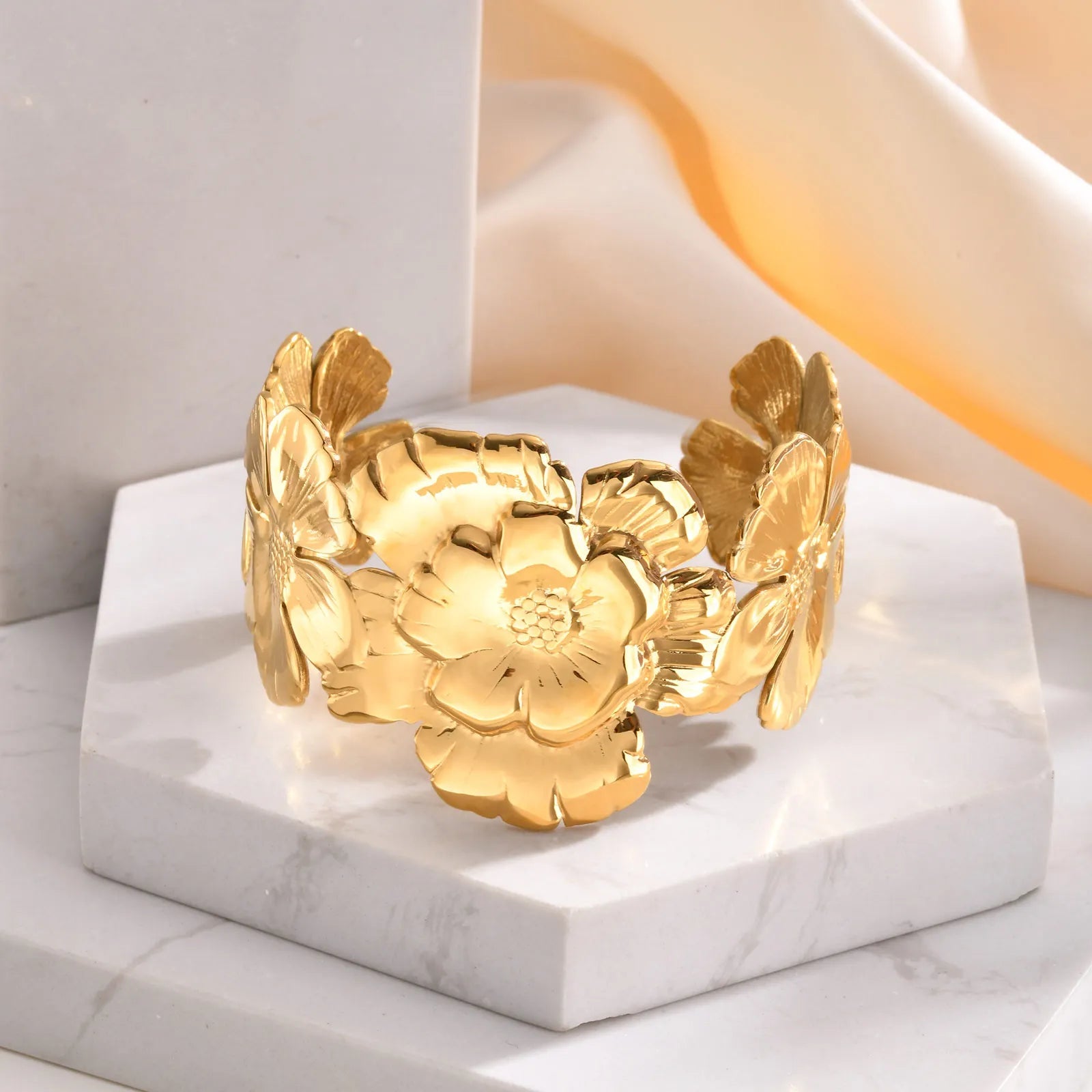 18k Floral Cuff Bangle Bracelets