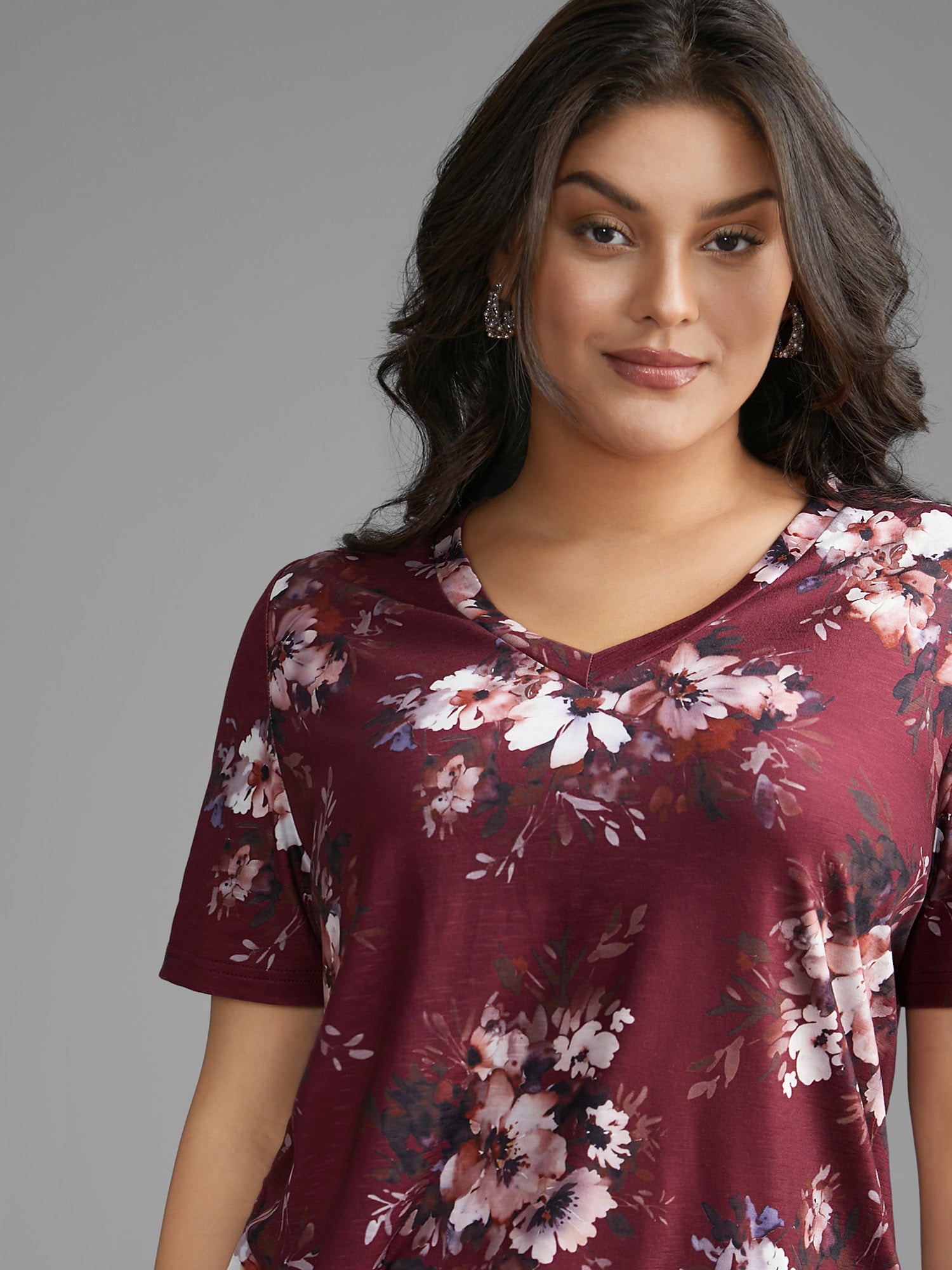 Floral Print V Neck Stretchy T-shirt