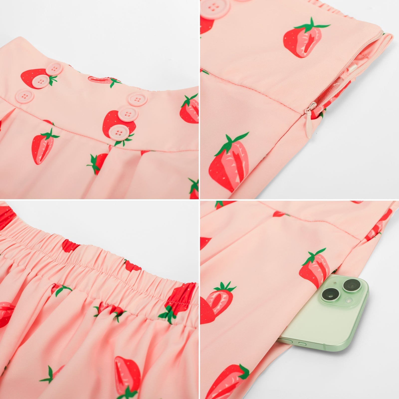 Strawberry Patterns Pleated Buttons Decorated Elastic Waist High Waist Swing A-Line Skirt with Pockets