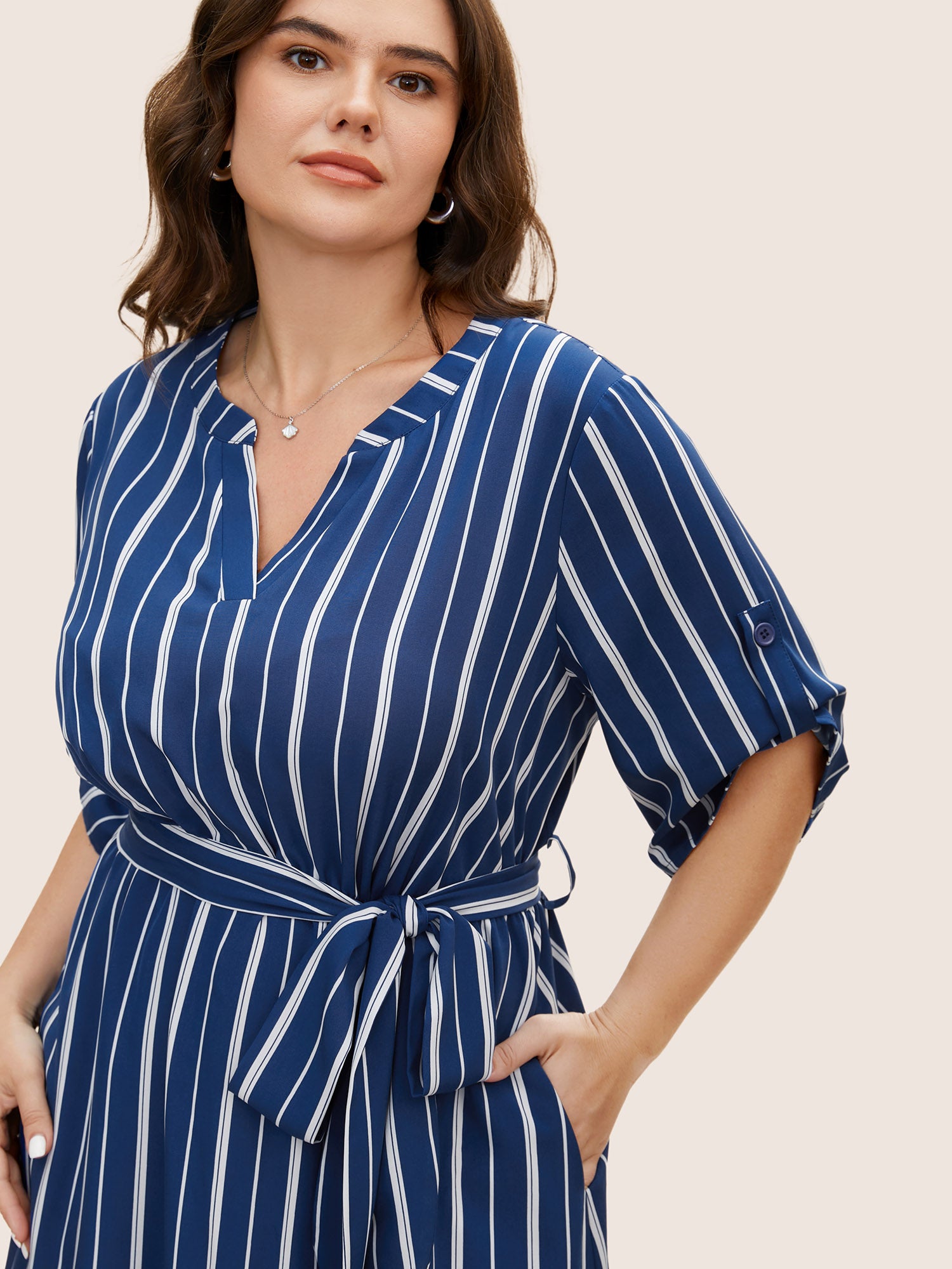 Notched Striped Button Cuff Sleeve Dress