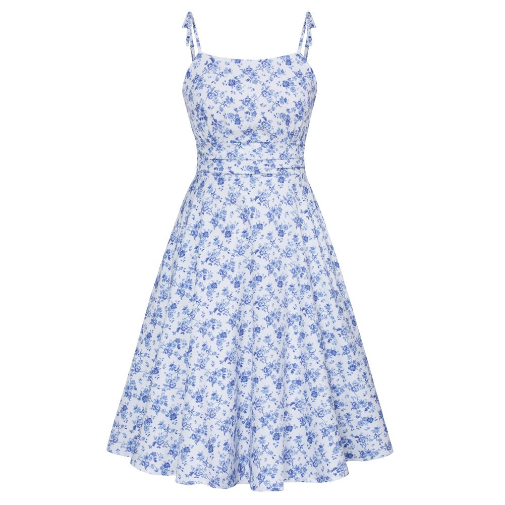 Vintage Floral Pattern Slip Dress Spaghetti Straps Ruched Bodice Below Knee Dress with Pockets