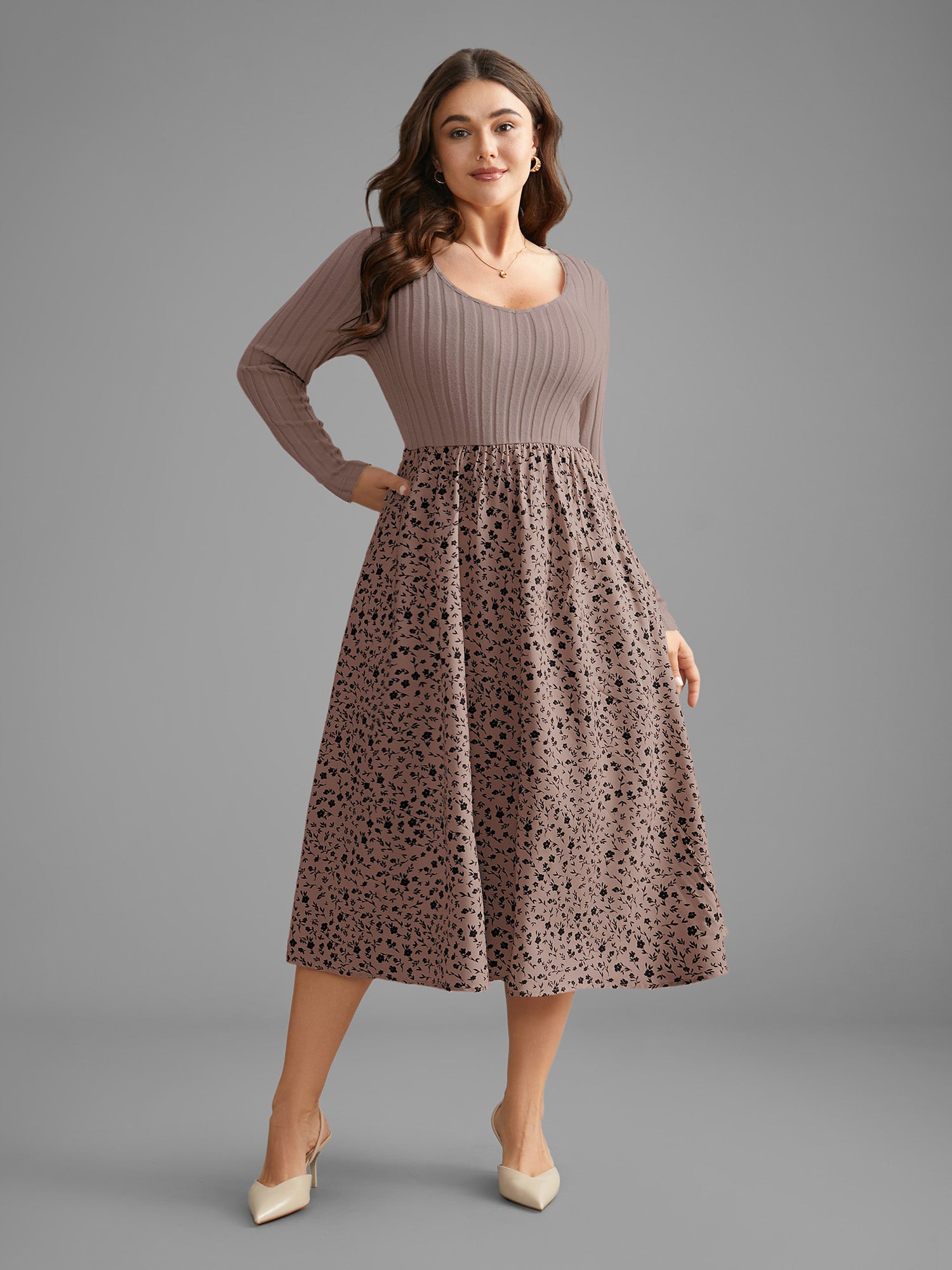 Ditsy Floral Patchwork Texture Midi Dress