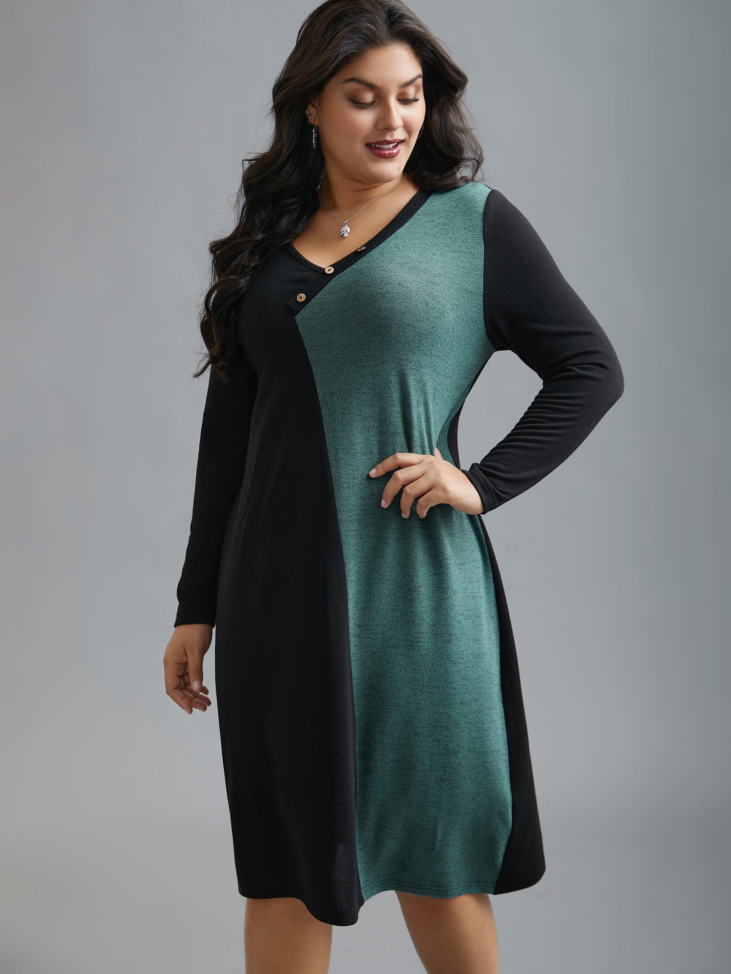 V Neck Contrast Patchwork Button Detail Dress