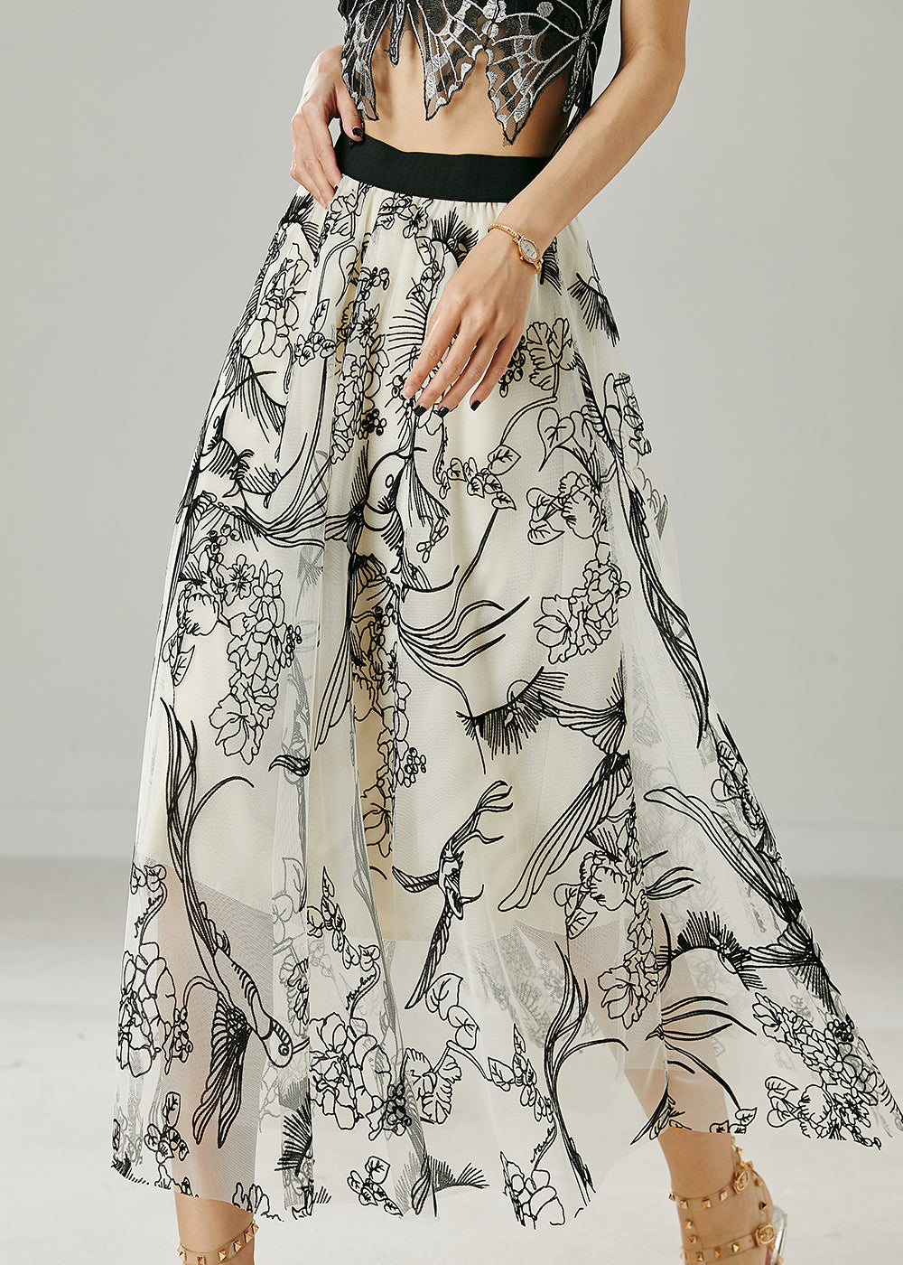 Art White Elastic Waist Print Tulle Skirts Summer