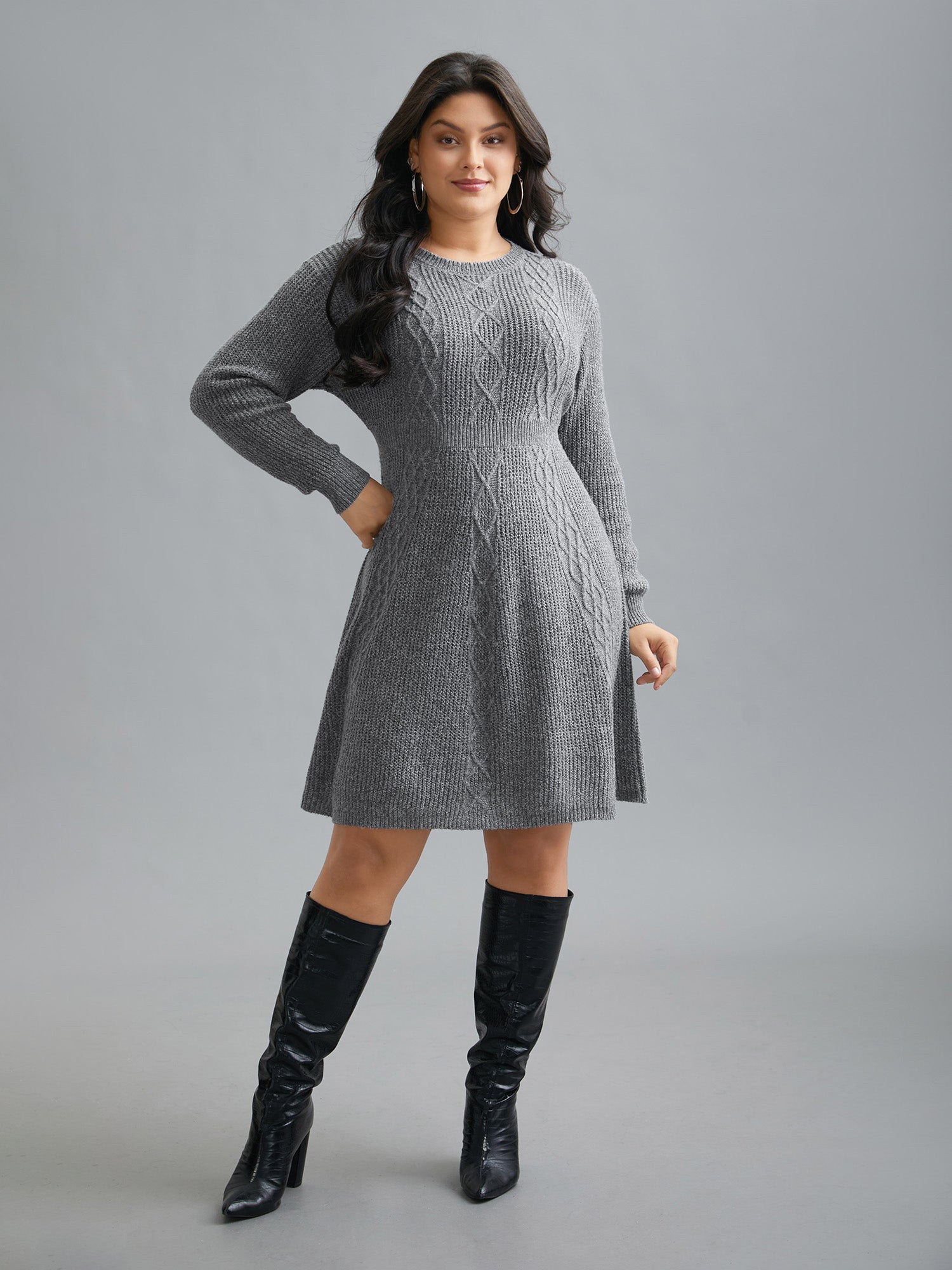 Cable Knit Ribbed Waist Cinched Midi Sweater Dress