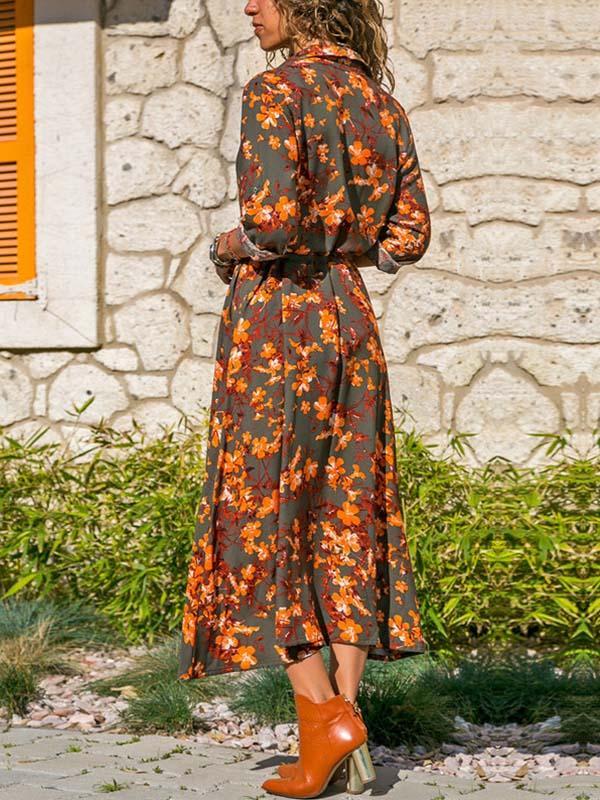 Printed V-neck Belt Dress