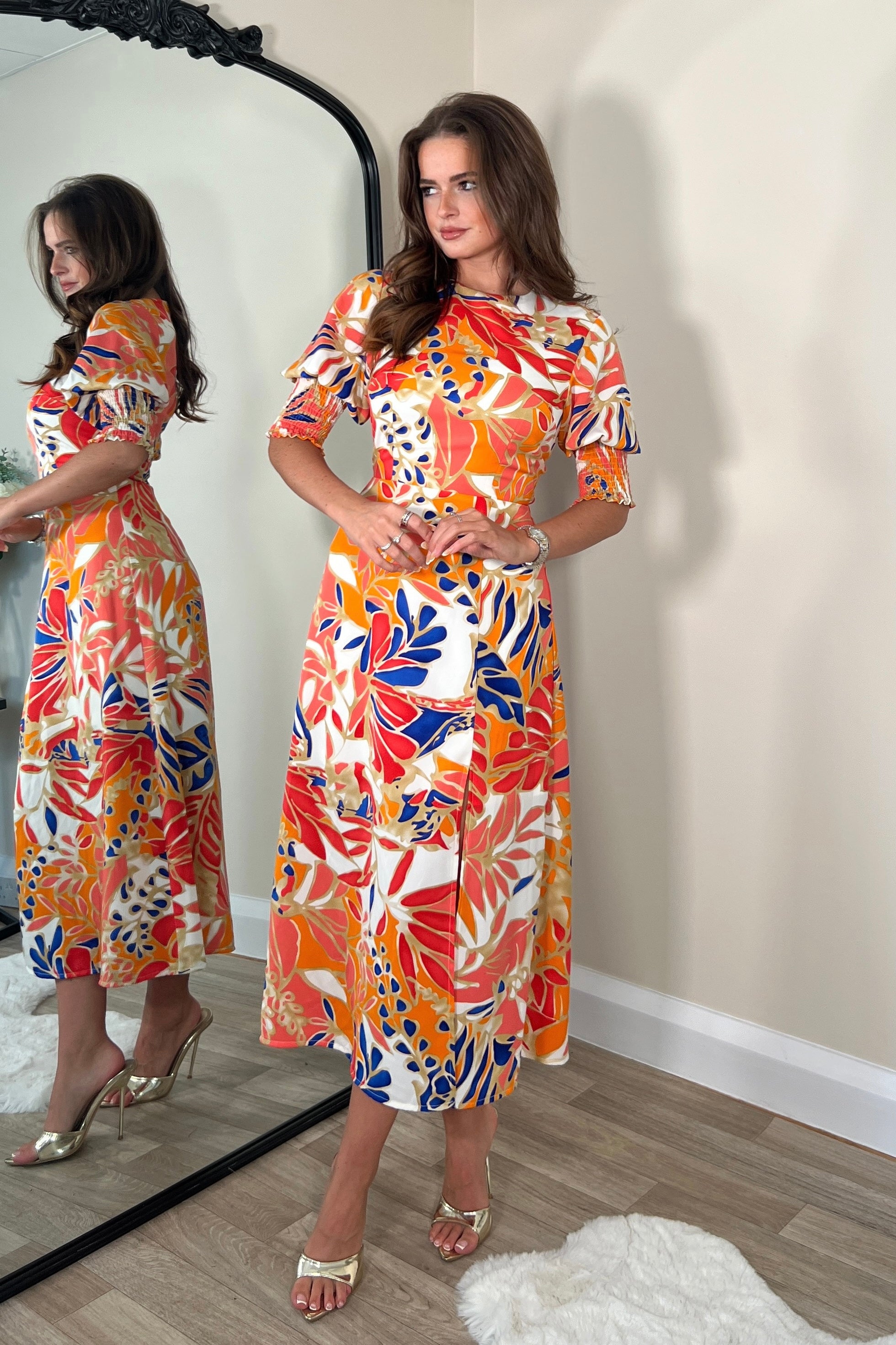 Shayla Orange Shirred Cuff Midi Dress