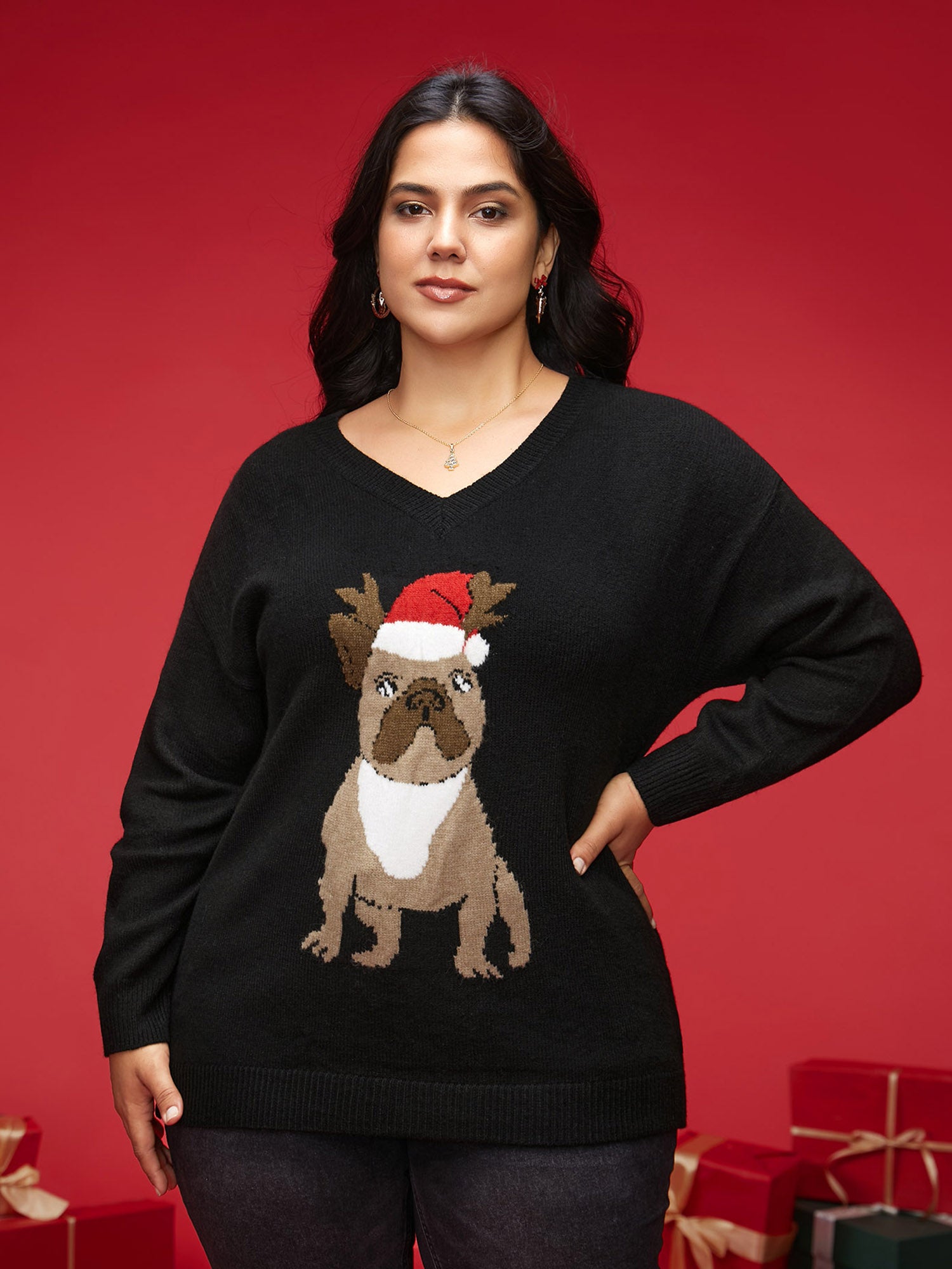 Holidazzled Dog Motif Furry V-neck Pullover
