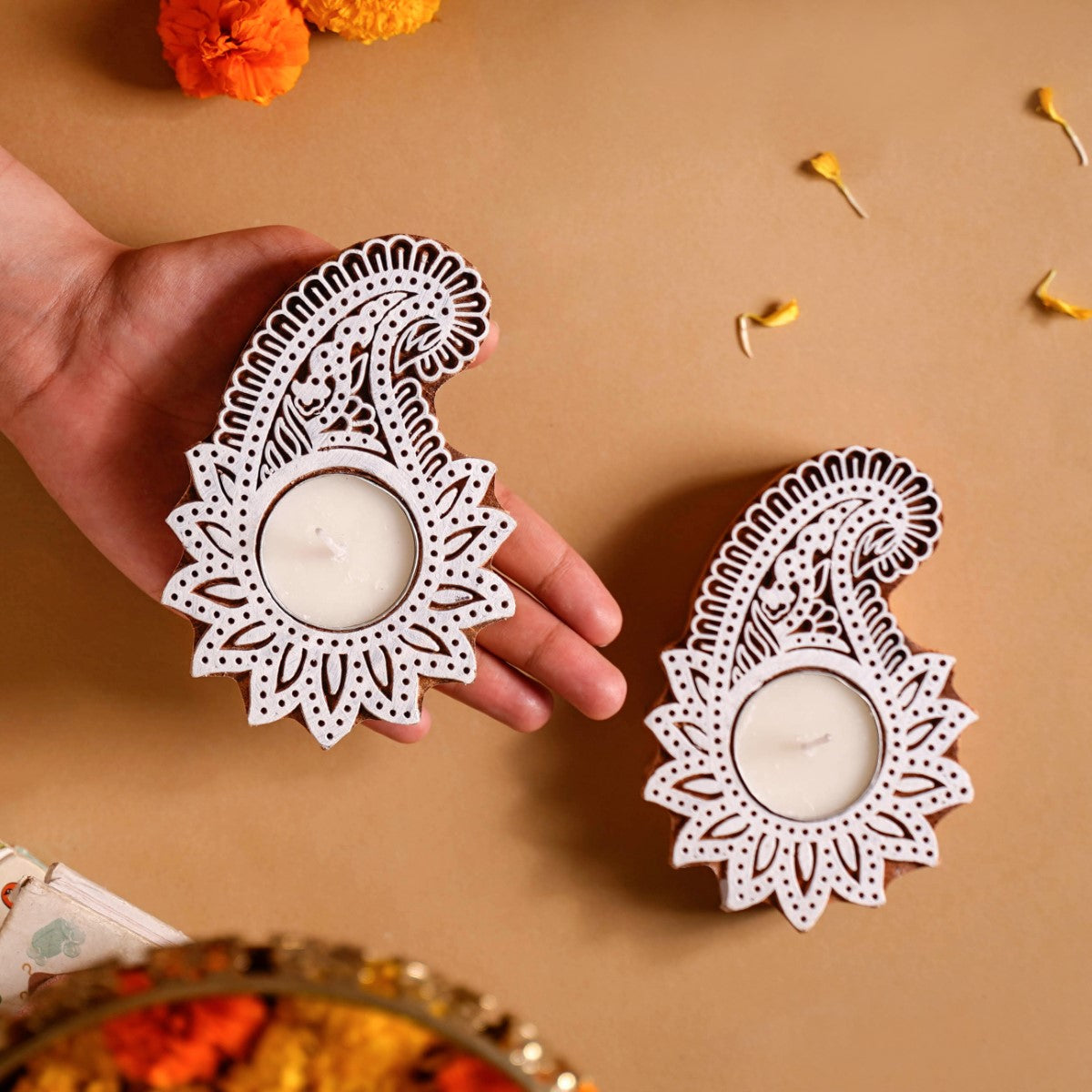 Floral Paisley Decorative Wooden Block Candle Holder Set Of 2